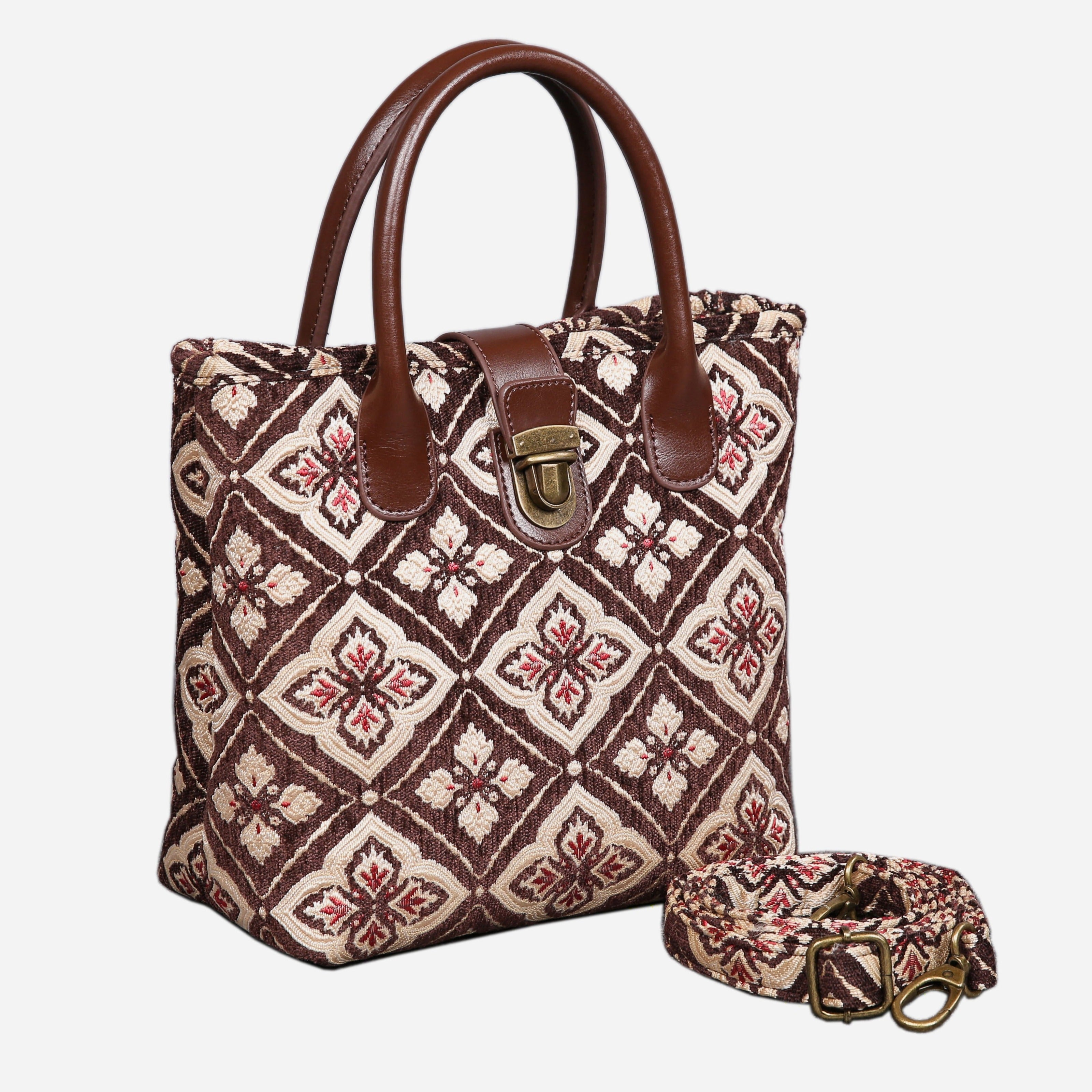 Ethnic Coffee Tuck Lock Carpet Satchel carpet bag MCW Handmade of America with strap