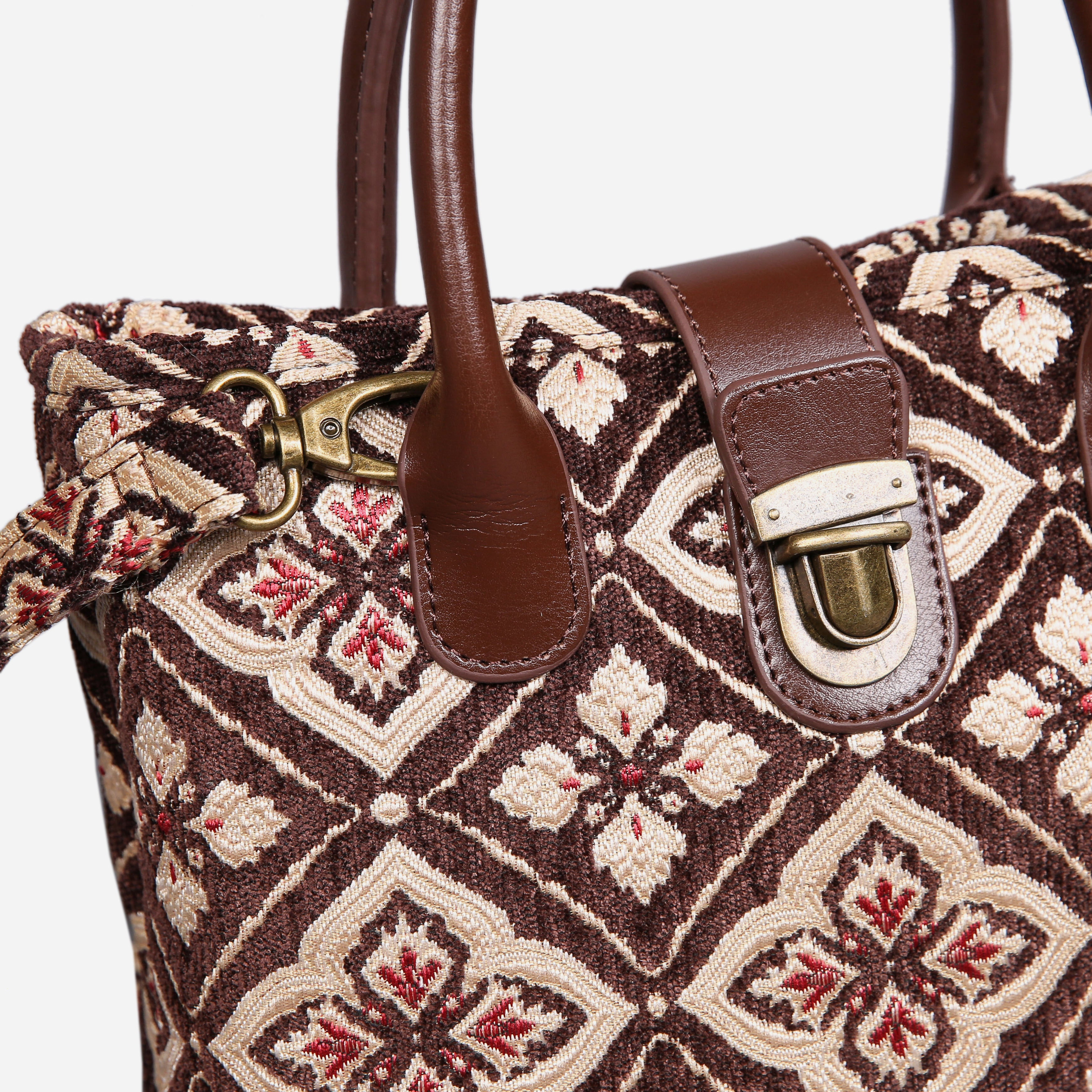Ethnic Coffee Tuck Lock Carpet Satchel carpet bag MCW Handmade of America details