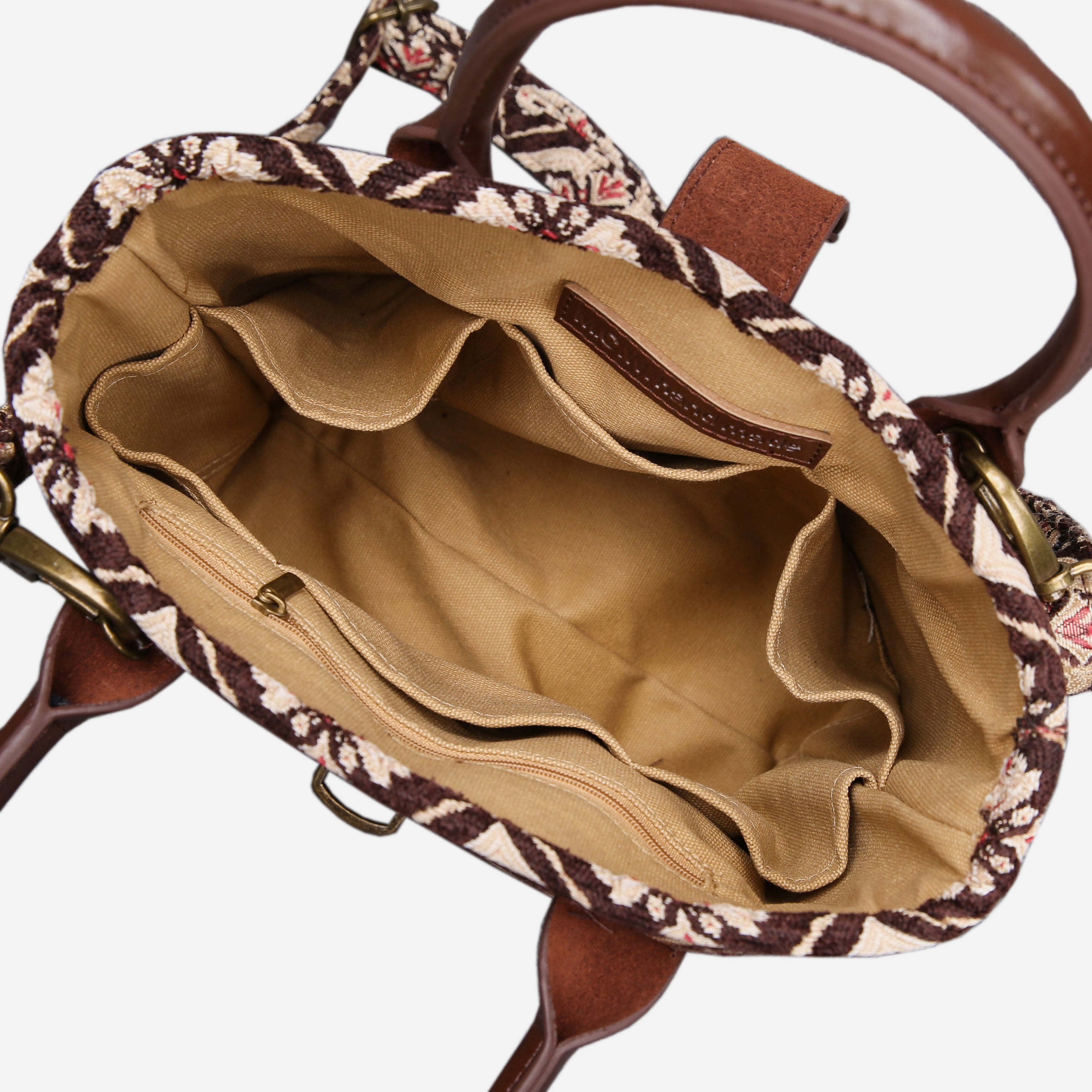 Ethnic Coffee Tuck Lock Carpet Satchel carpet bag MCW Handmade of America inside