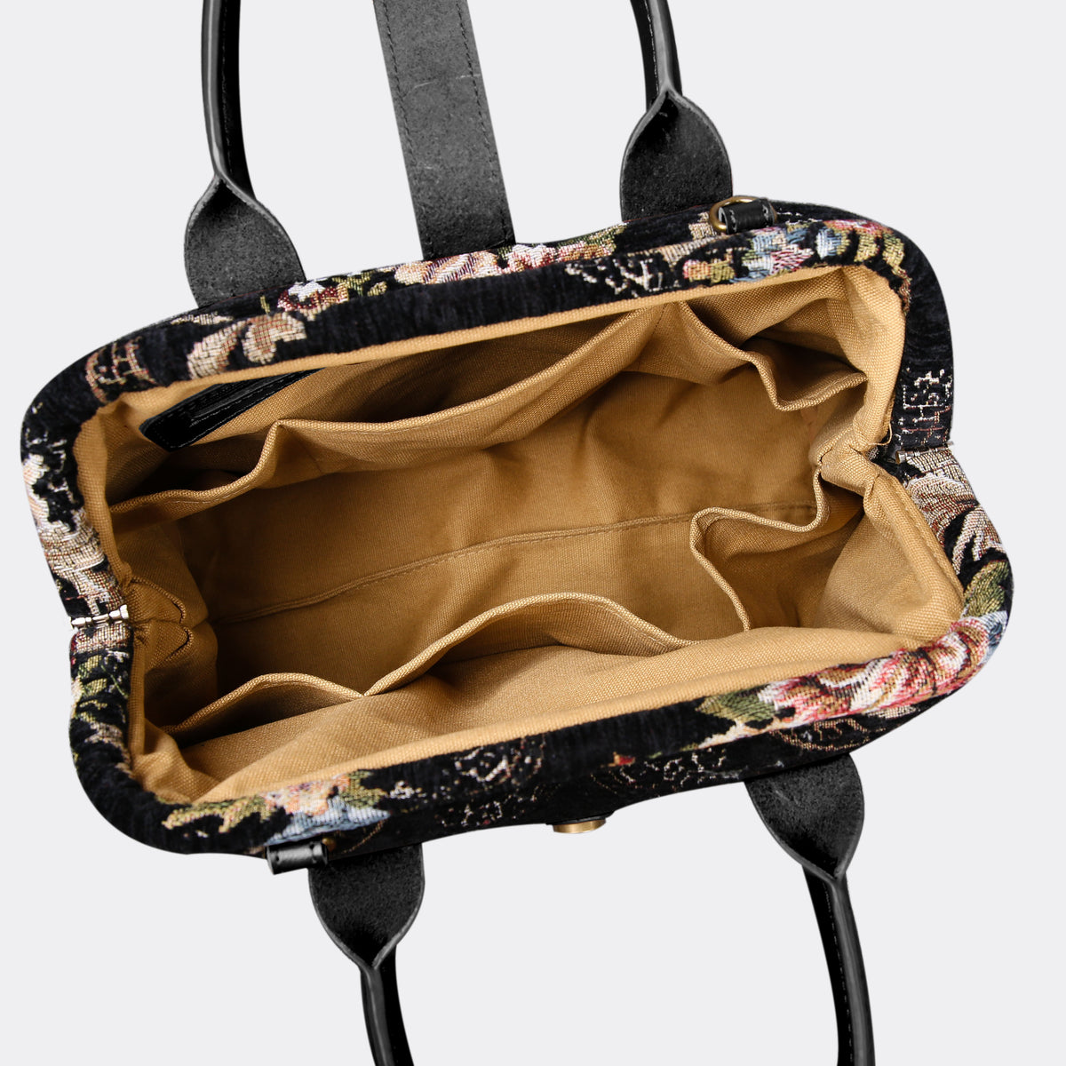 Floral Black Leather Black Carpet Handbag Purse carpet bag MCW Handmade of America open