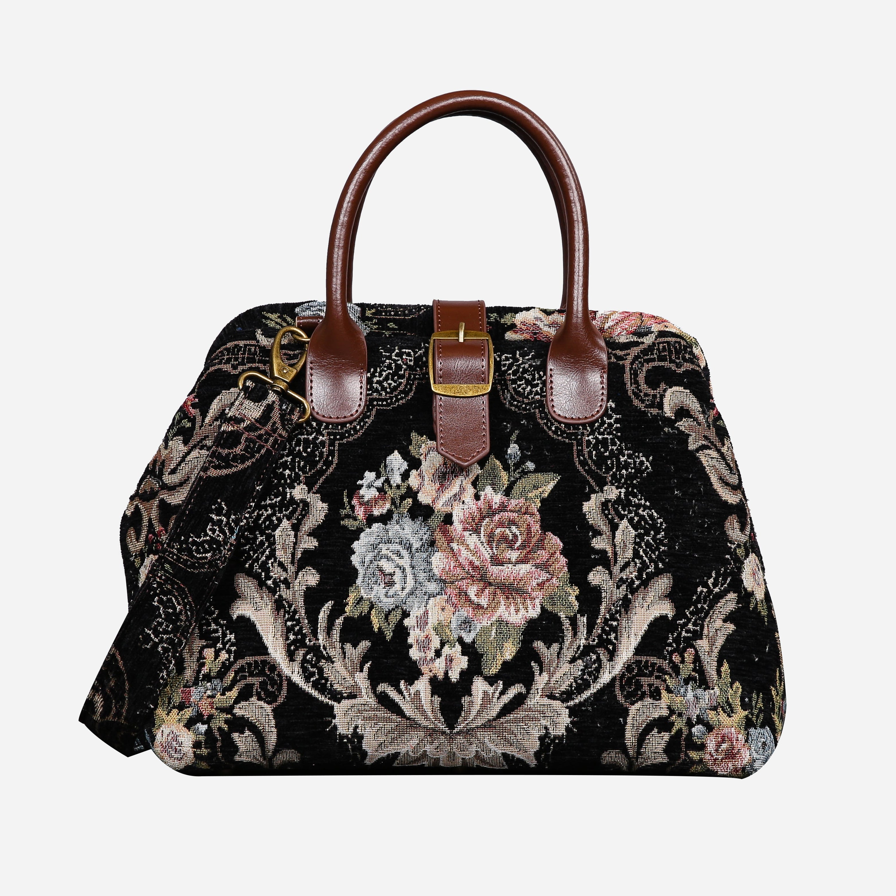 Floral Black Leather Brown Carpet Handbag Purse carpet bag MCW Handmade of America main