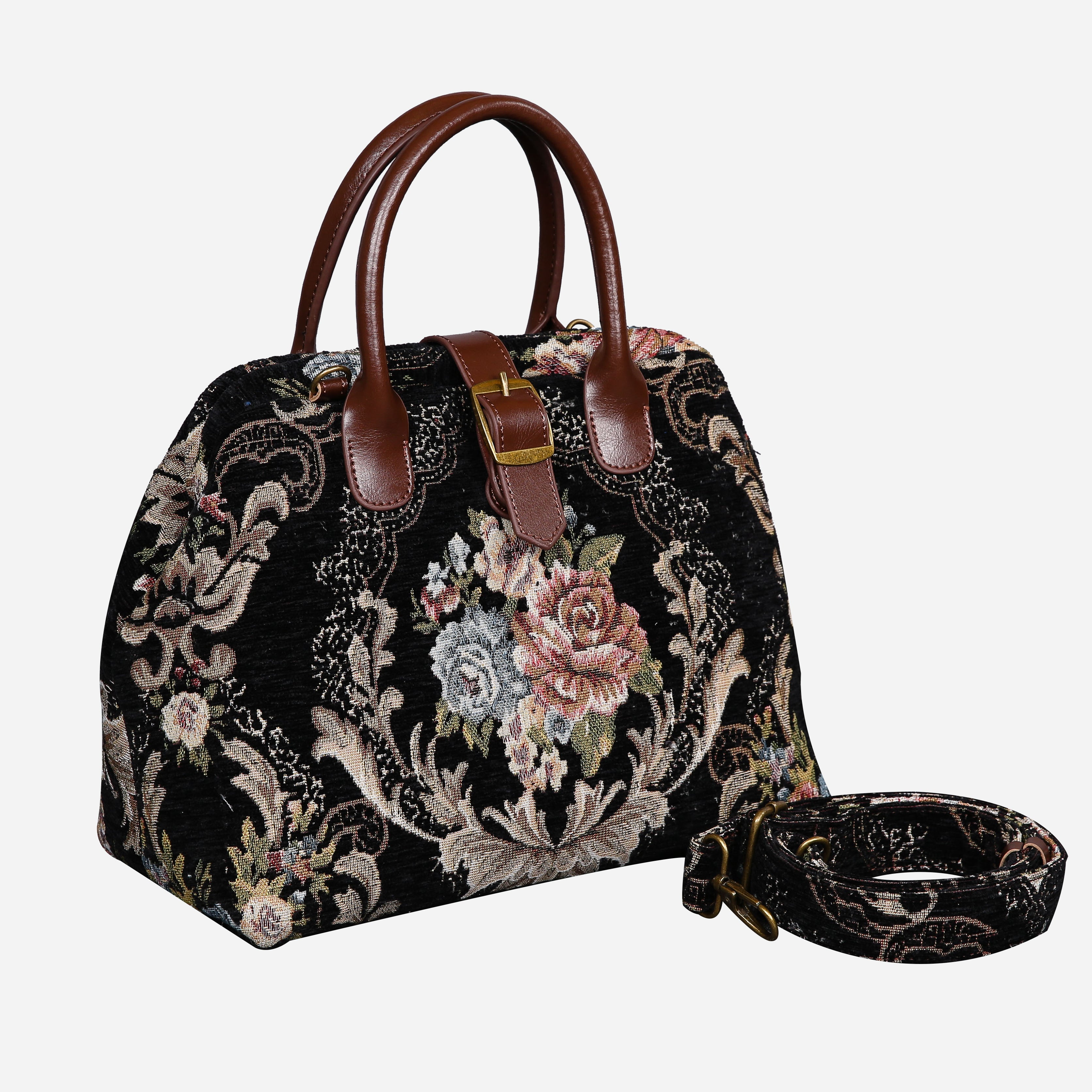 Floral Black Leather Brown Carpet Handbag Purse carpet bag MCW Handmade of America with shoulder strap
