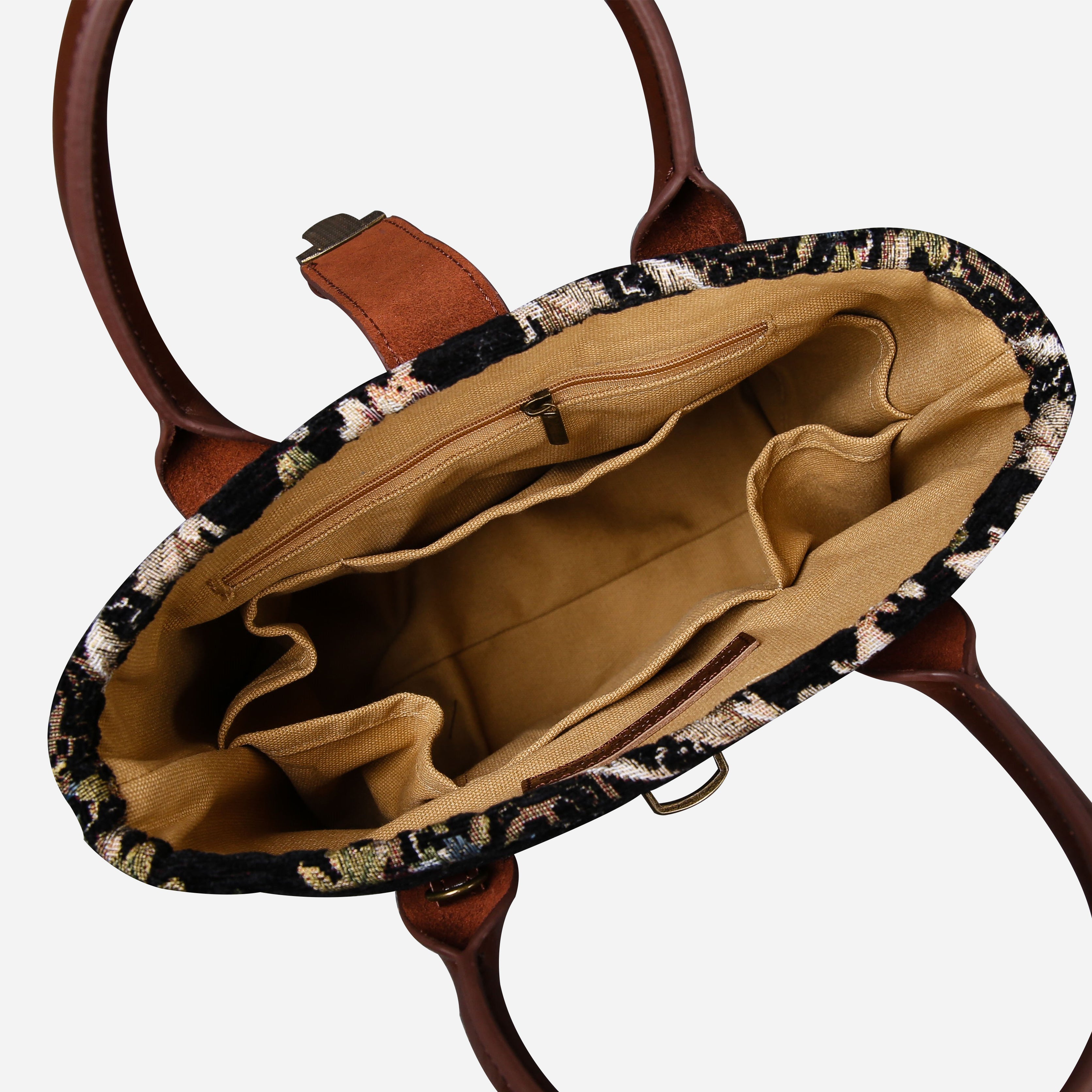 Floral Black Leather Brown Tuck Lock Carpet Satchel carpet bag MCW Handmade of America inside