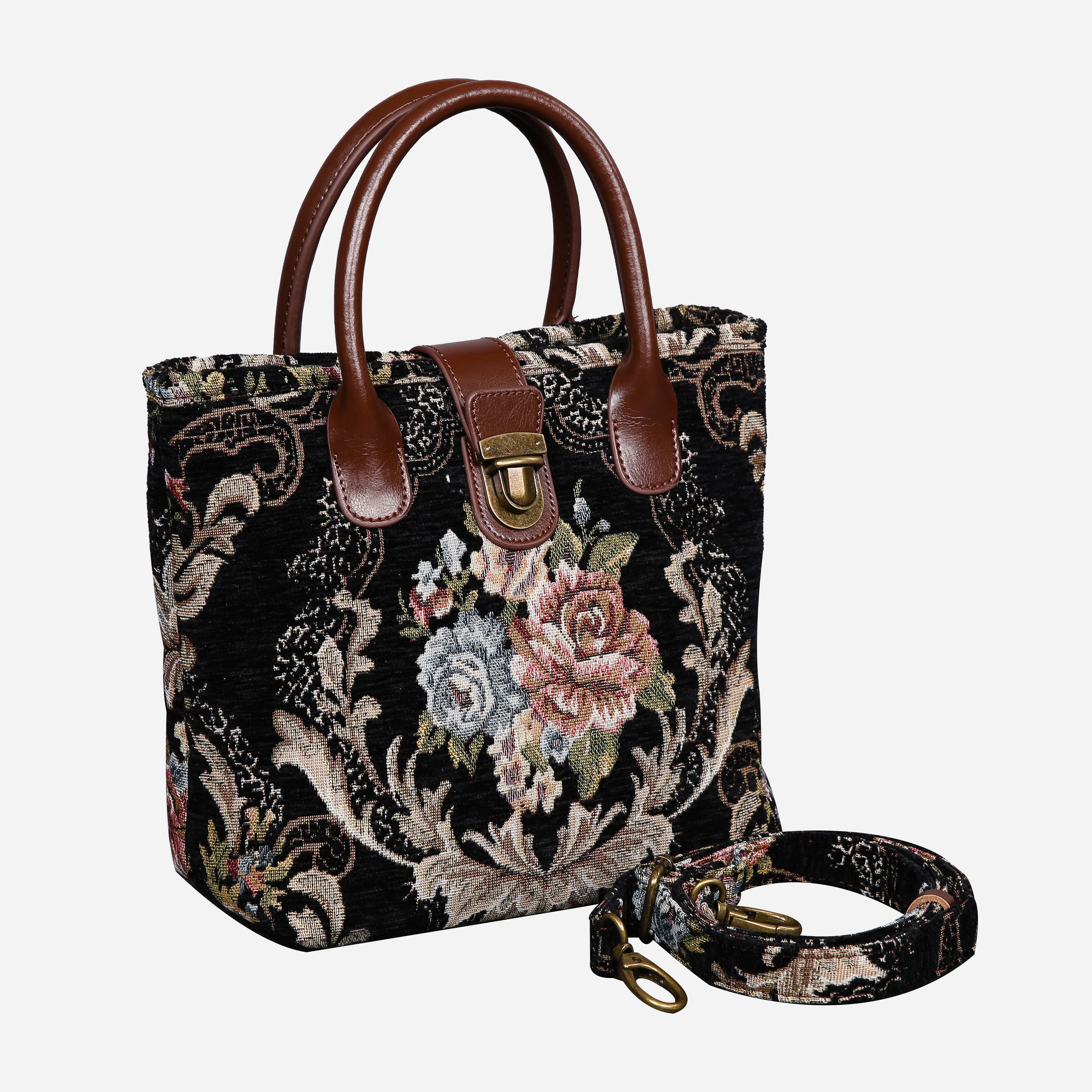 Floral Black Leather Brown Tuck Lock Carpet Satchel carpet bag MCW Handmade of America with strap