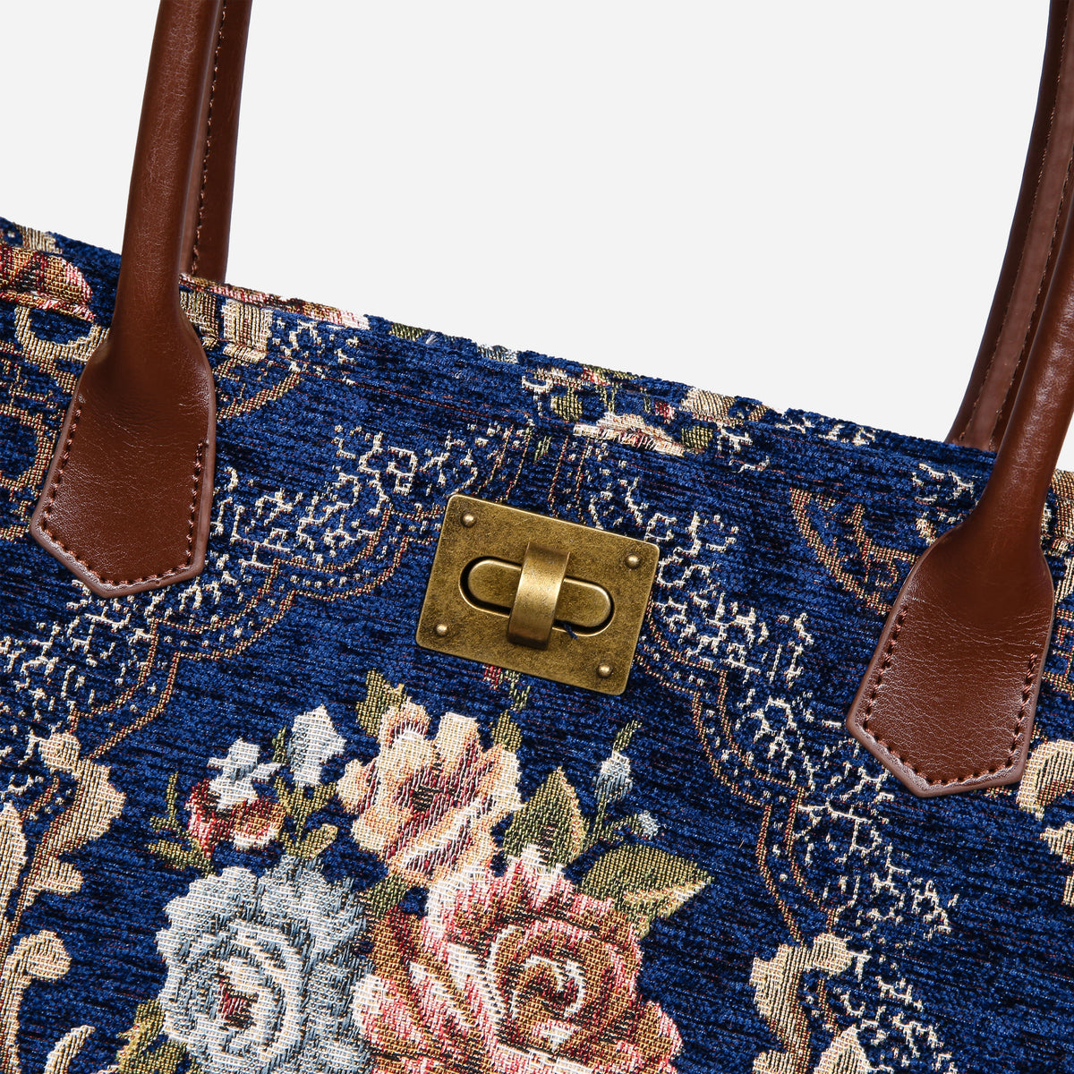 Floral Blue Carpet Tote Shopper carpet bag MCW Handmade of America closure