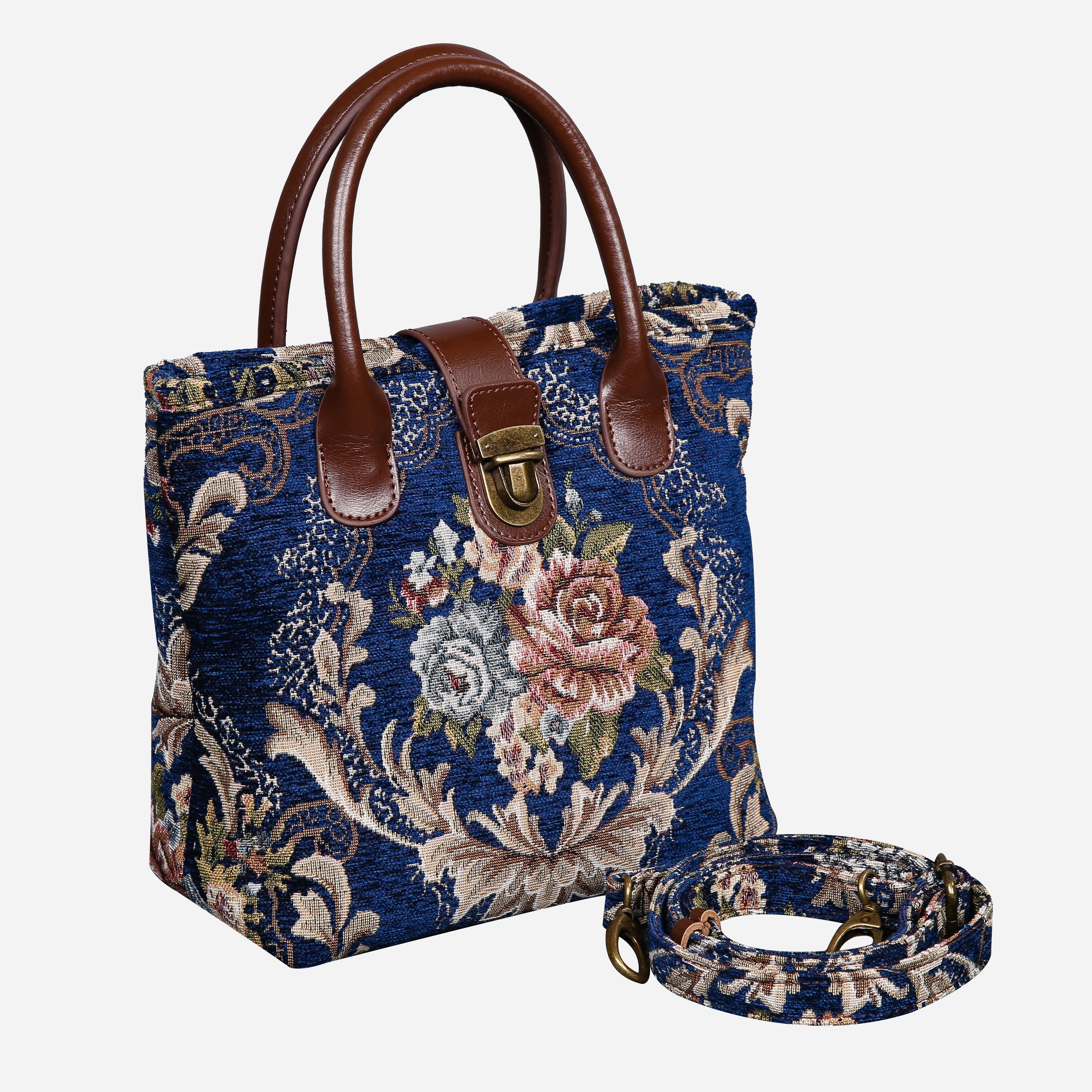 Floral Blue Tuck Lock Carpet Satchel carpet bag MCW Handmade of America with strap