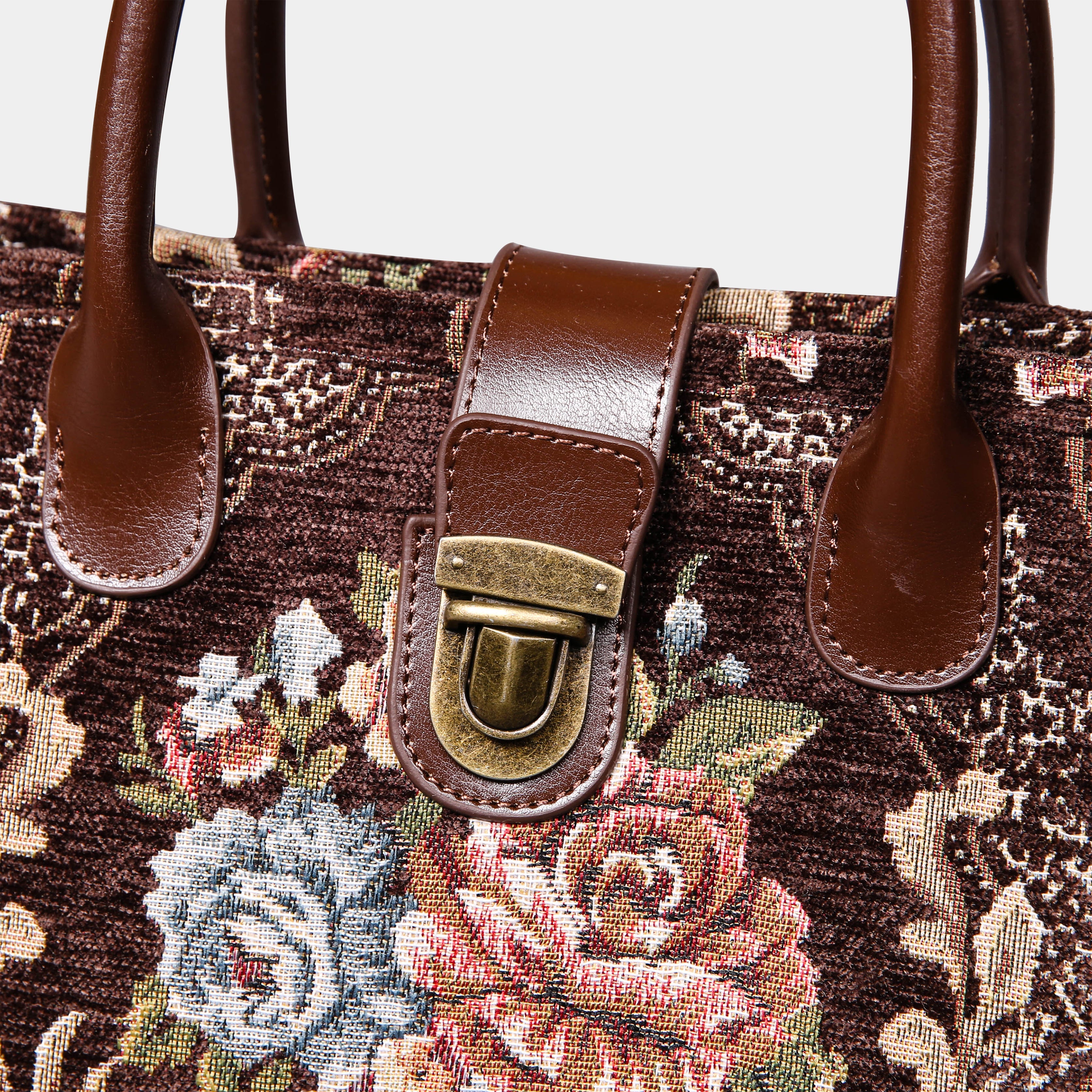 Floral Coffee Tuck Lock Carpet Satchel carpet bag MCW Handmade  of America details