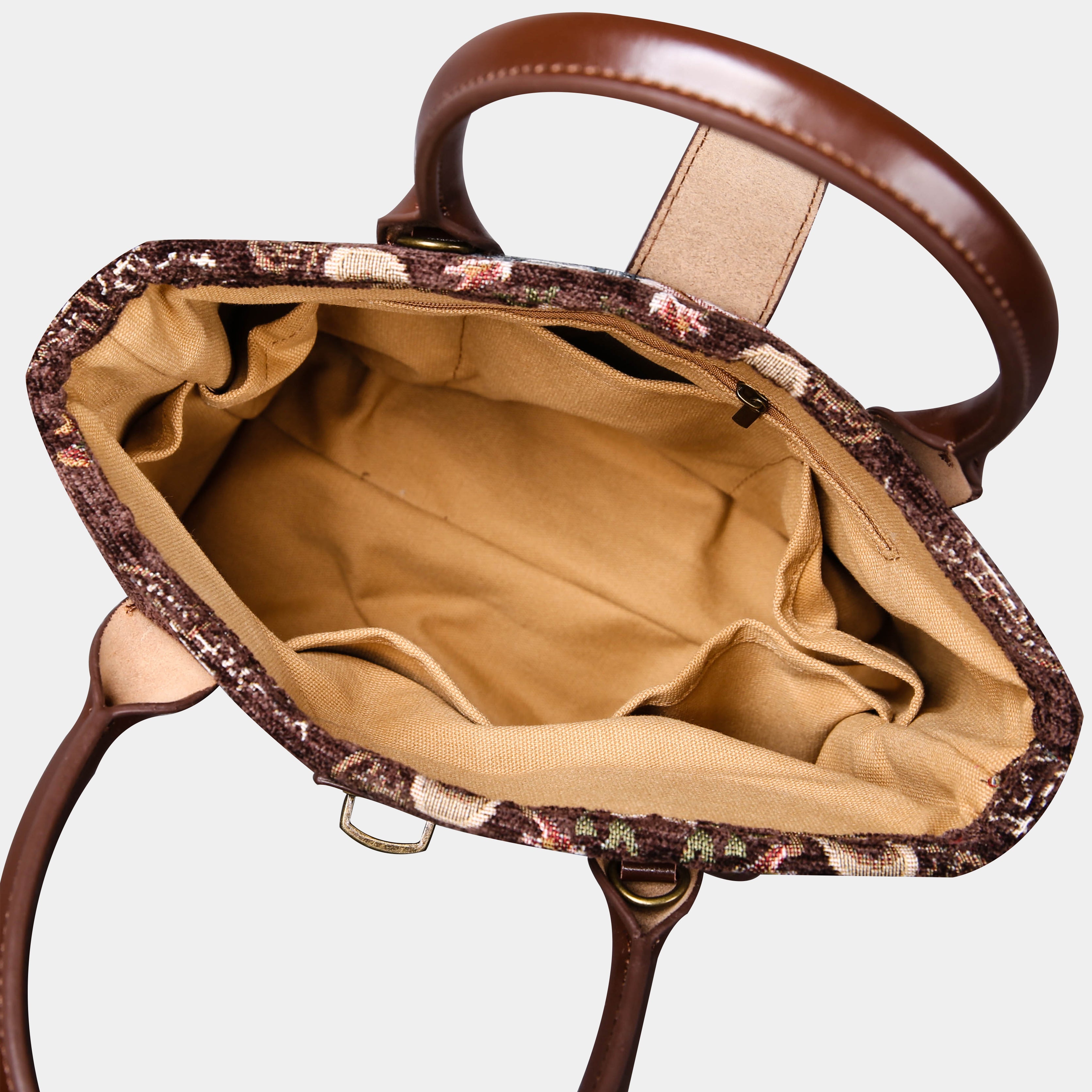 Floral Coffee Tuck Lock Carpet Satchel carpet bag MCW Handmade of America inside