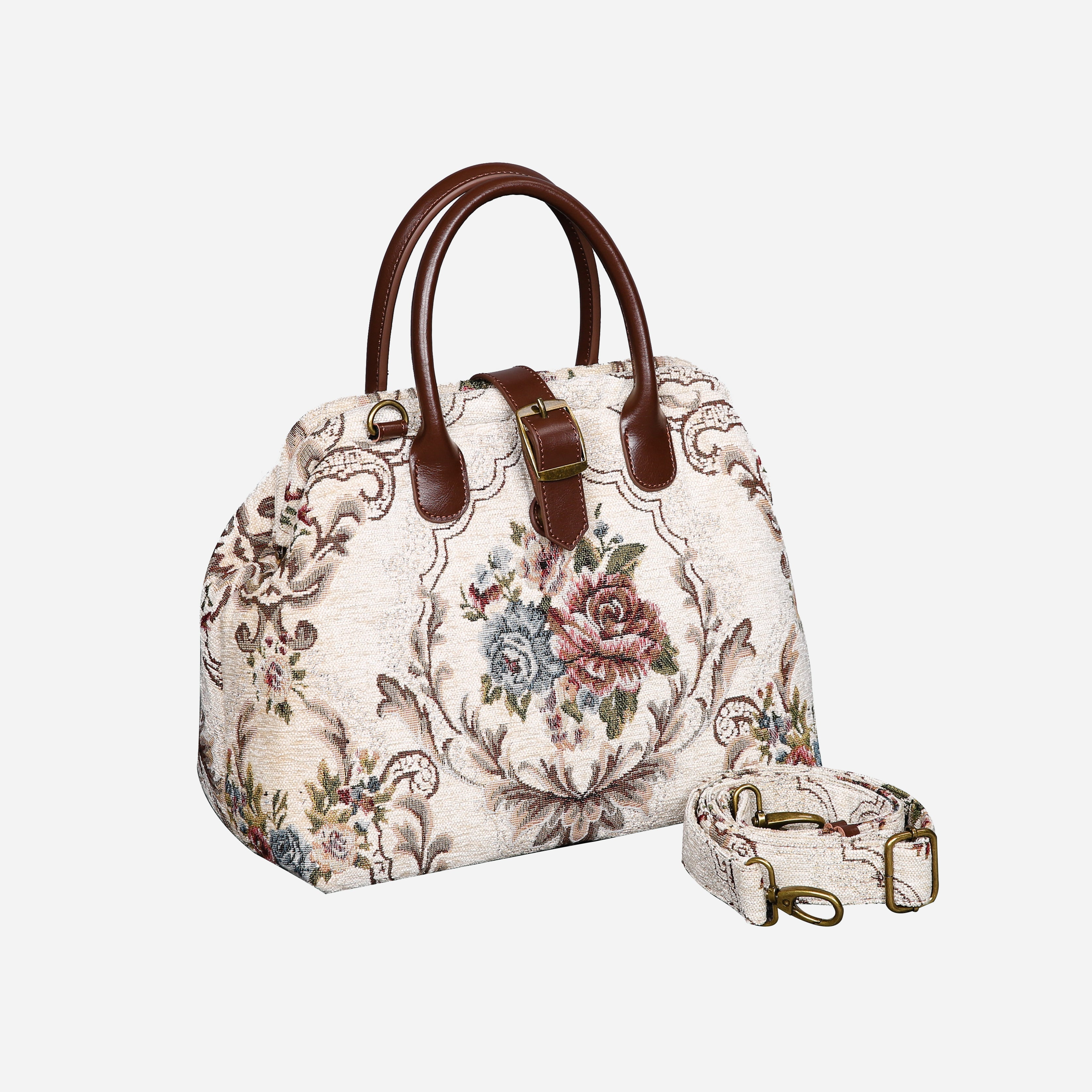 Floral Cream Carpet Handbag Purse carpet bag MCW Handmade of America with shoulder strap