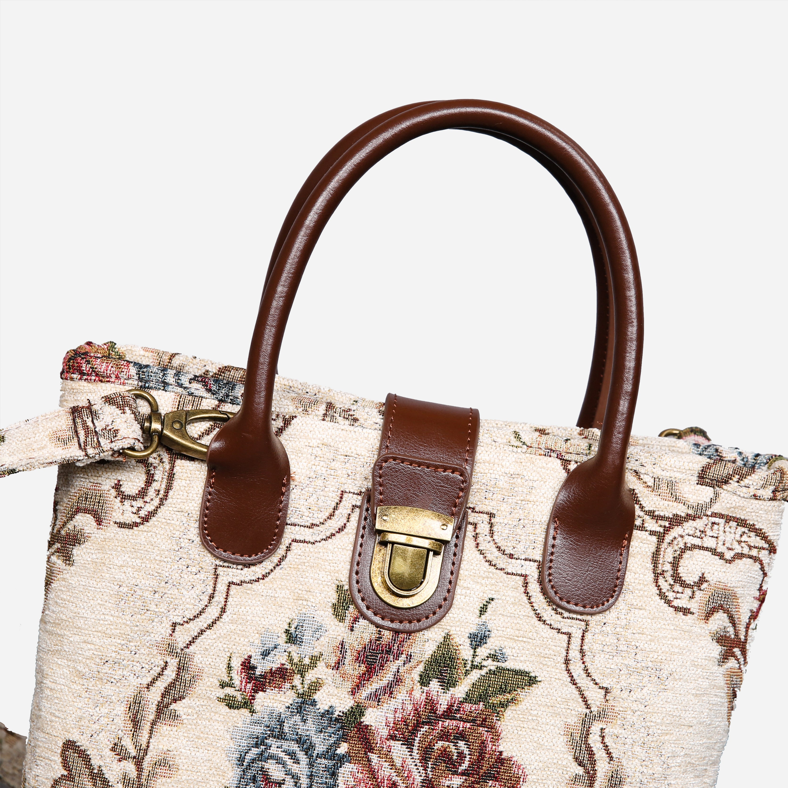 Floral Cream Tuck Lock Carpet Satchel carpet bag MCW Handmade of America details