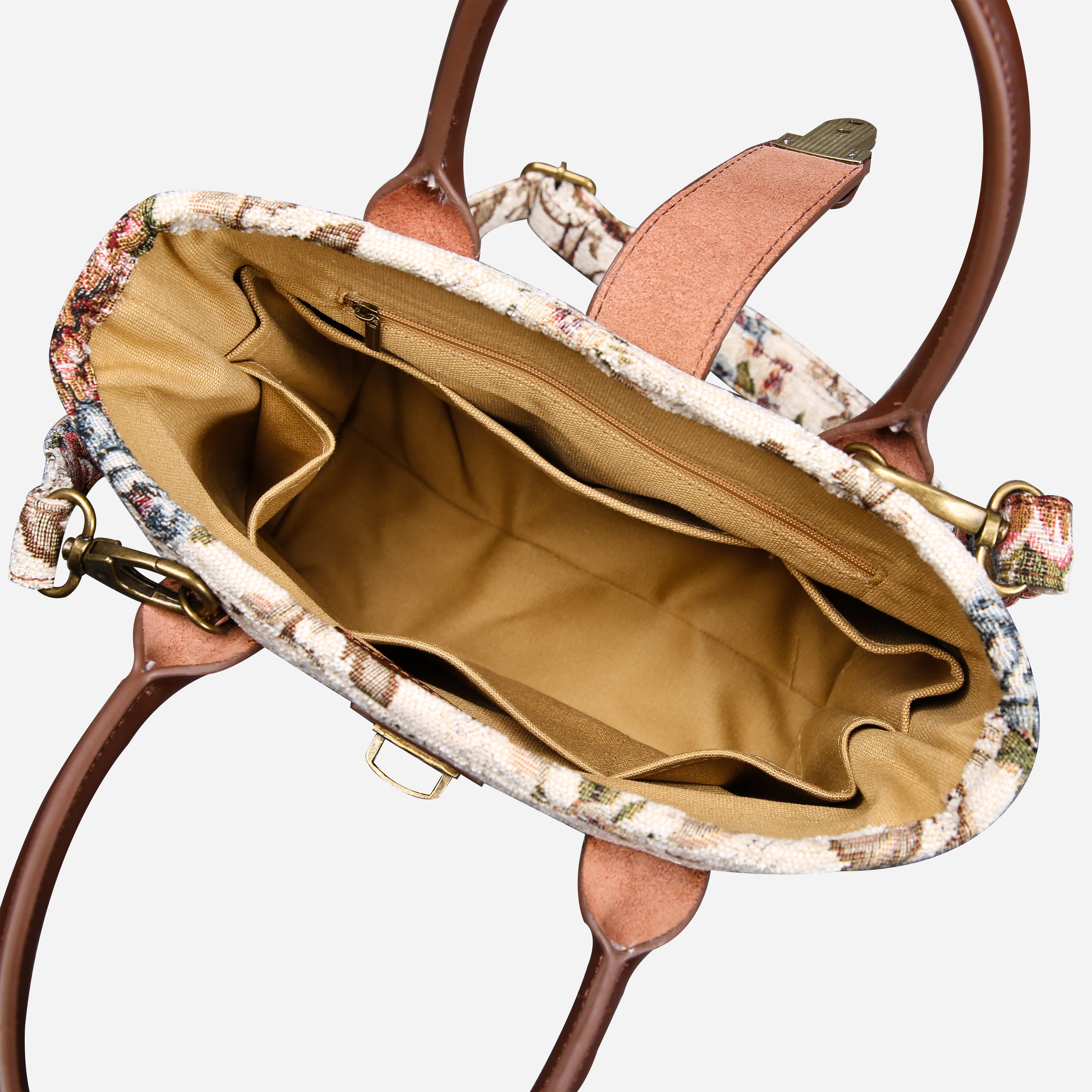 Floral Cream Tuck Lock Carpet Satchel carpet bag MCW Handmade of America inside