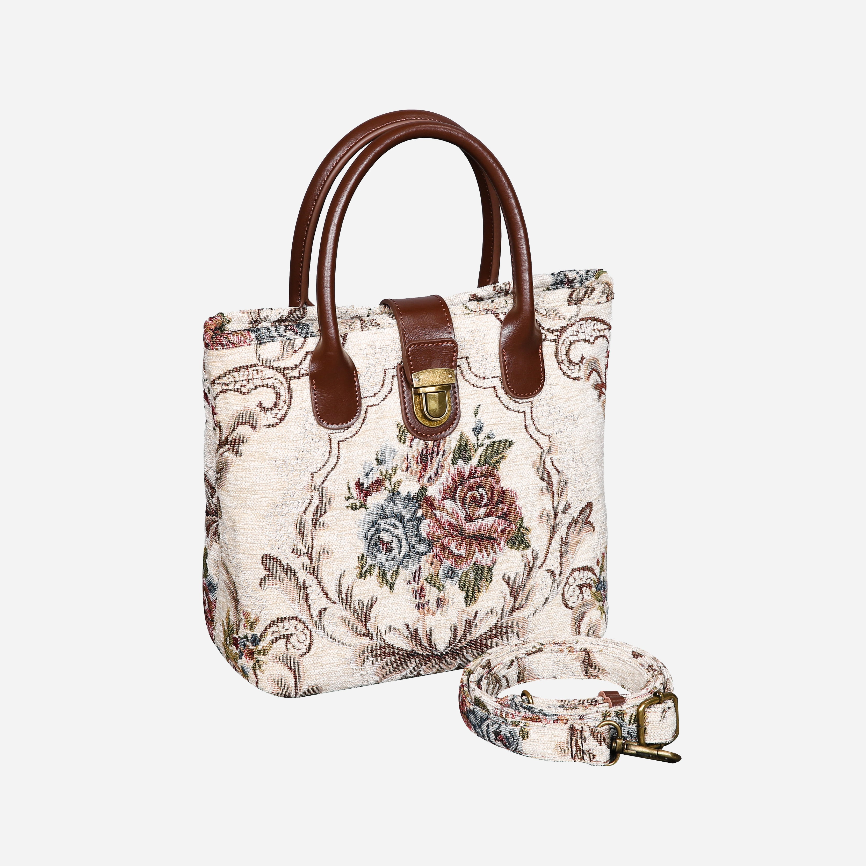 Floral Cream Tuck Lock Carpet Satchel carpet bag MCW Handmade of America with strap