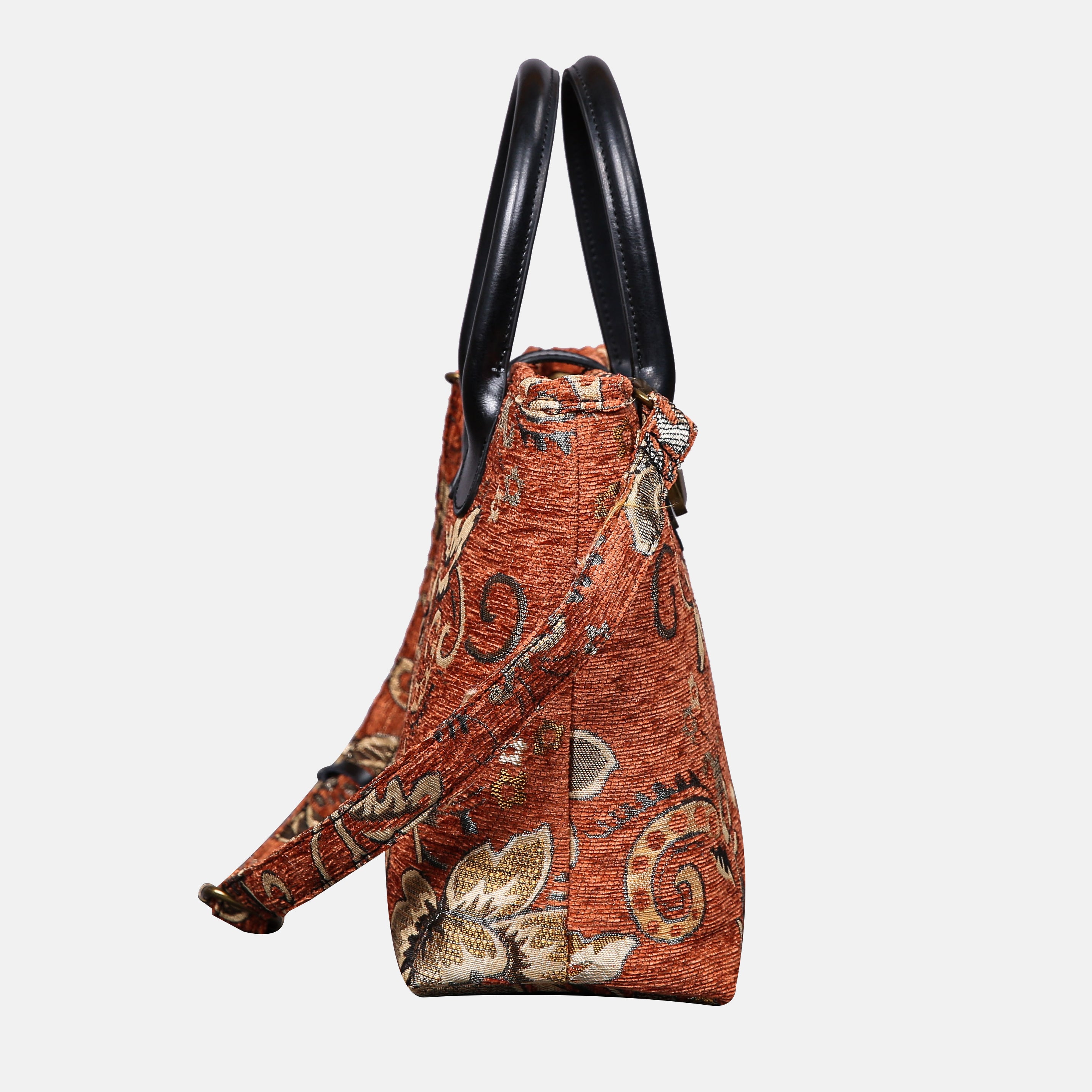 Floral Paisley Orange Tuck Lock Carpet Satchel carpet bag MCW Handmade of America side