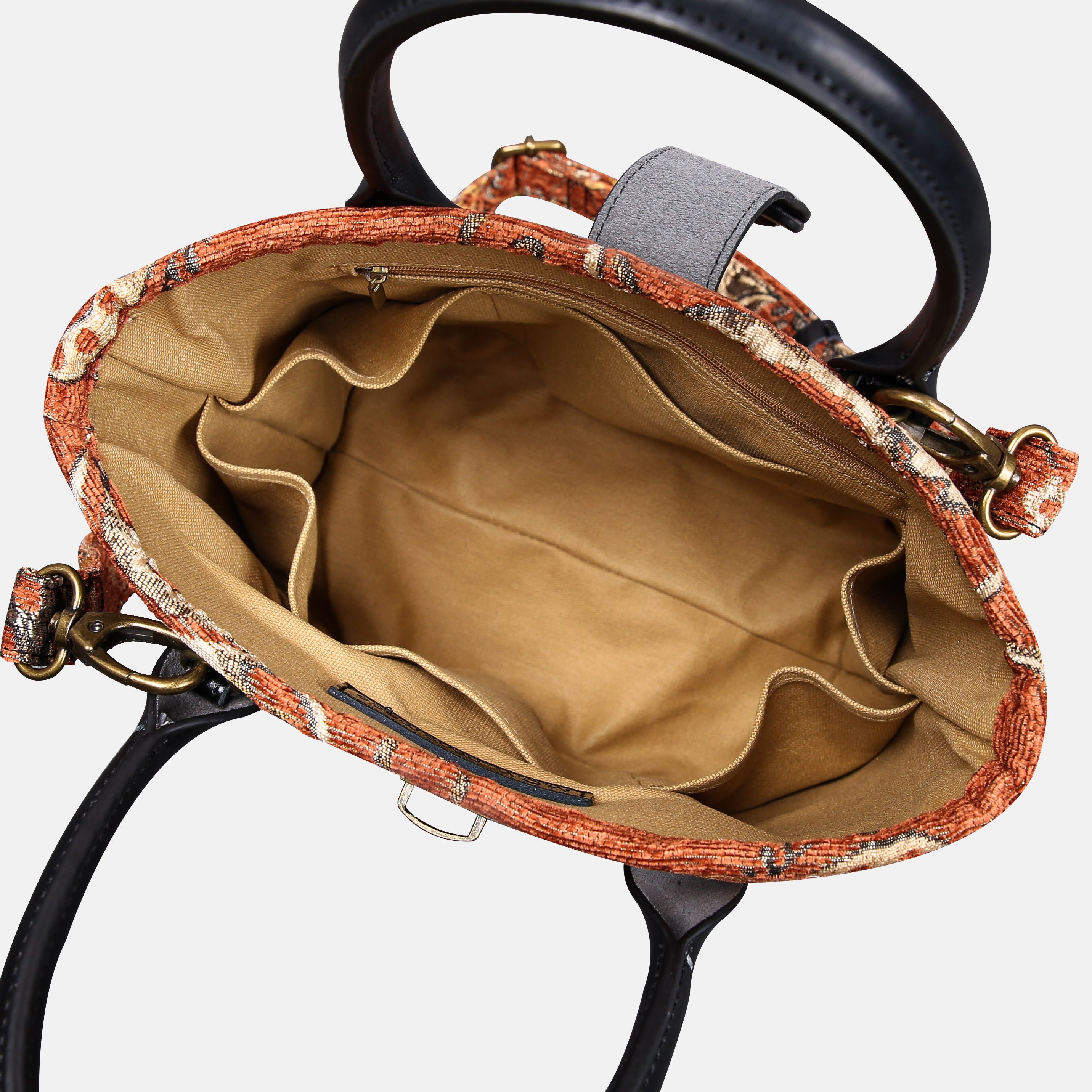 Floral Paisley Orange Tuck Lock Carpet Satchel carpet bag MCW Handmade of America inside