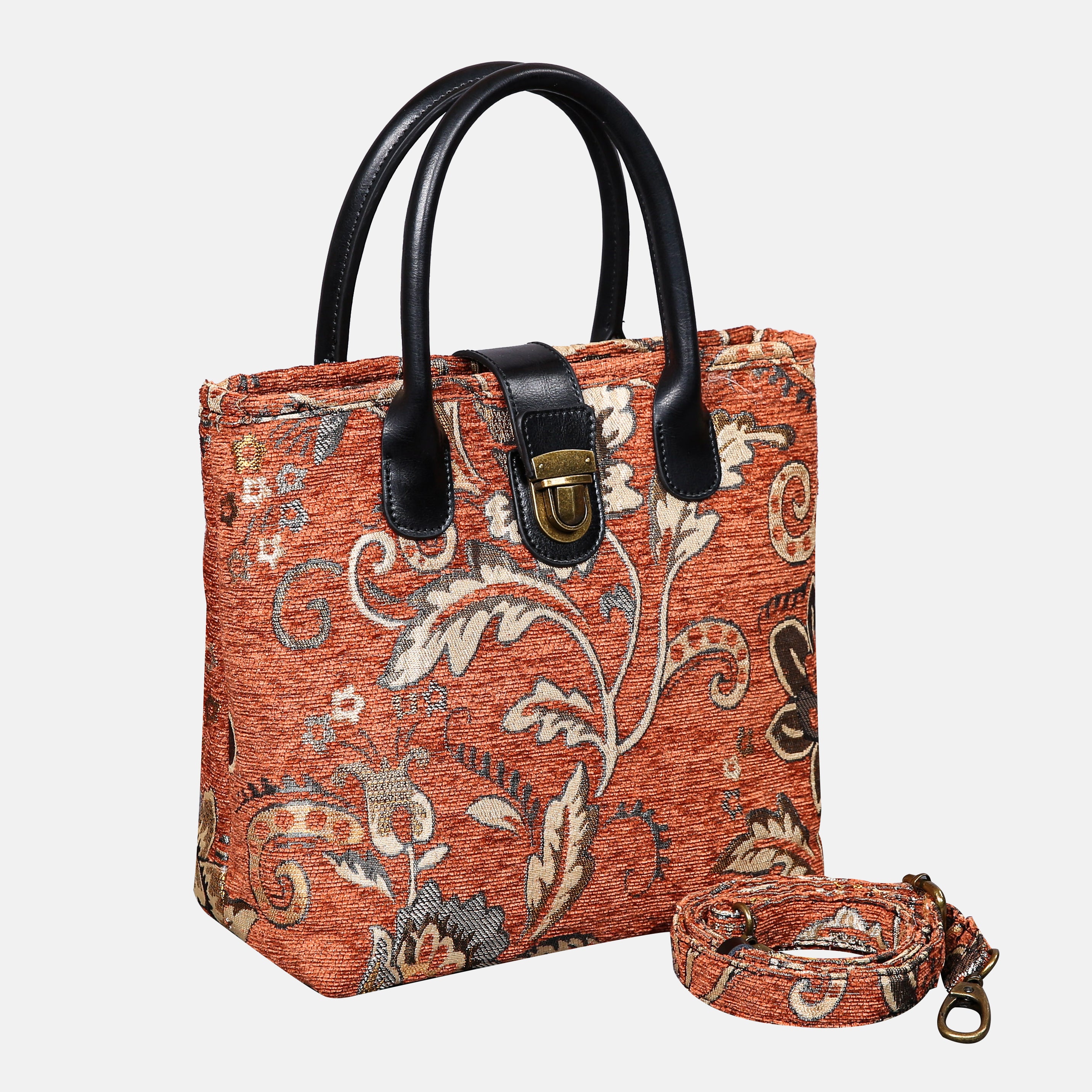 Floral Paisley Orange Tuck Lock Carpet Satchel carpet bag MCW Handmade of America with strap