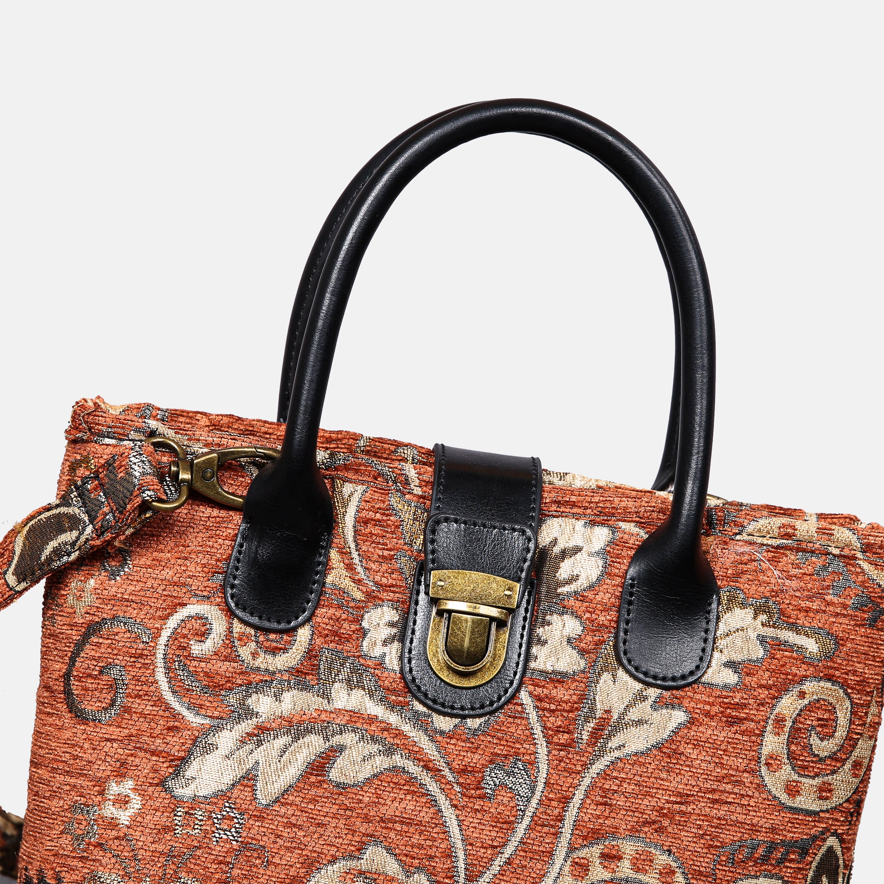Floral Paisley Orange Tuck Lock Carpet Satchel carpet bag MCW Handmade of America detail