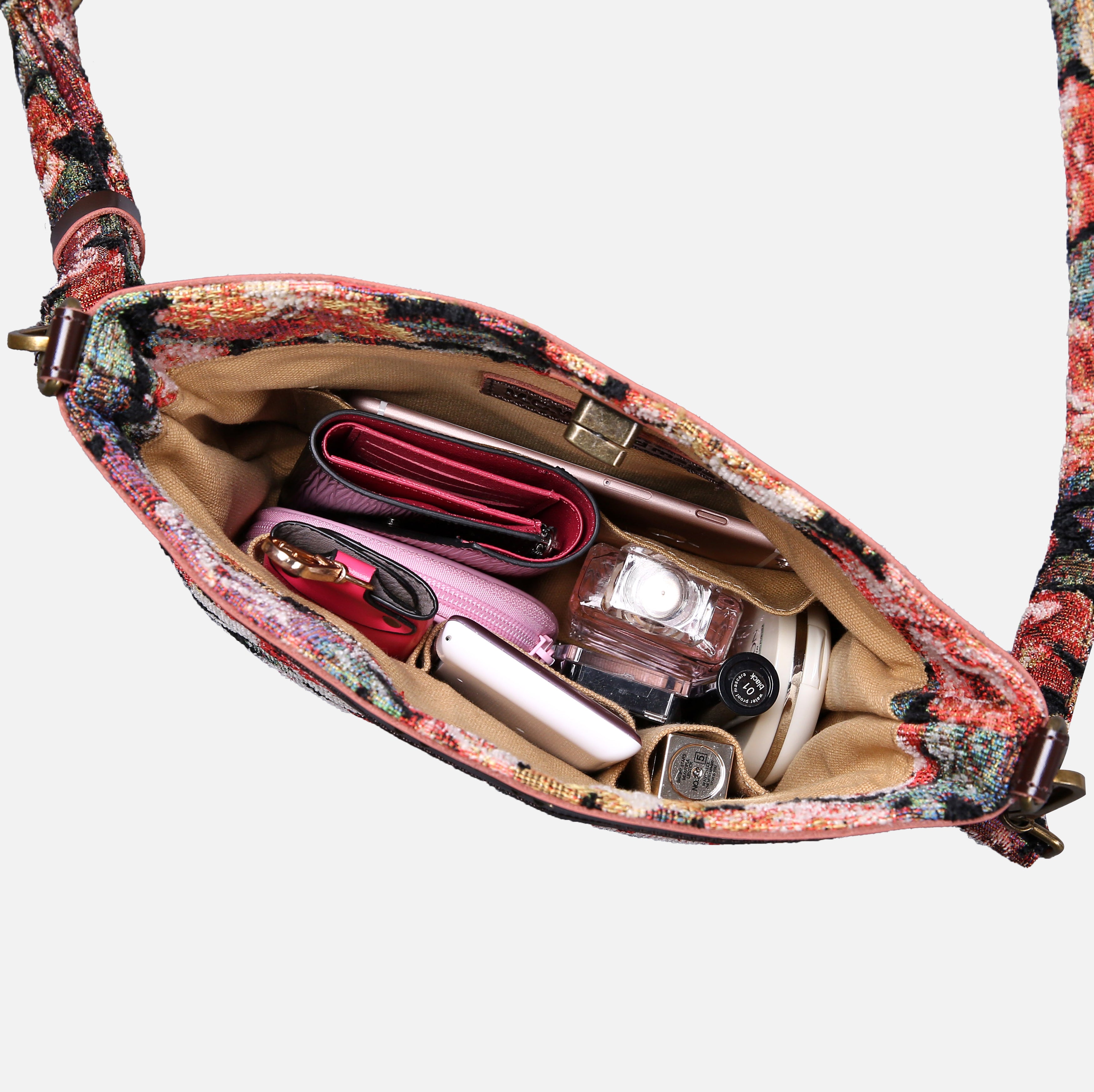 Floral Rose Carpet Crossbody Bag carpet bag MCW Handmade of America in use
