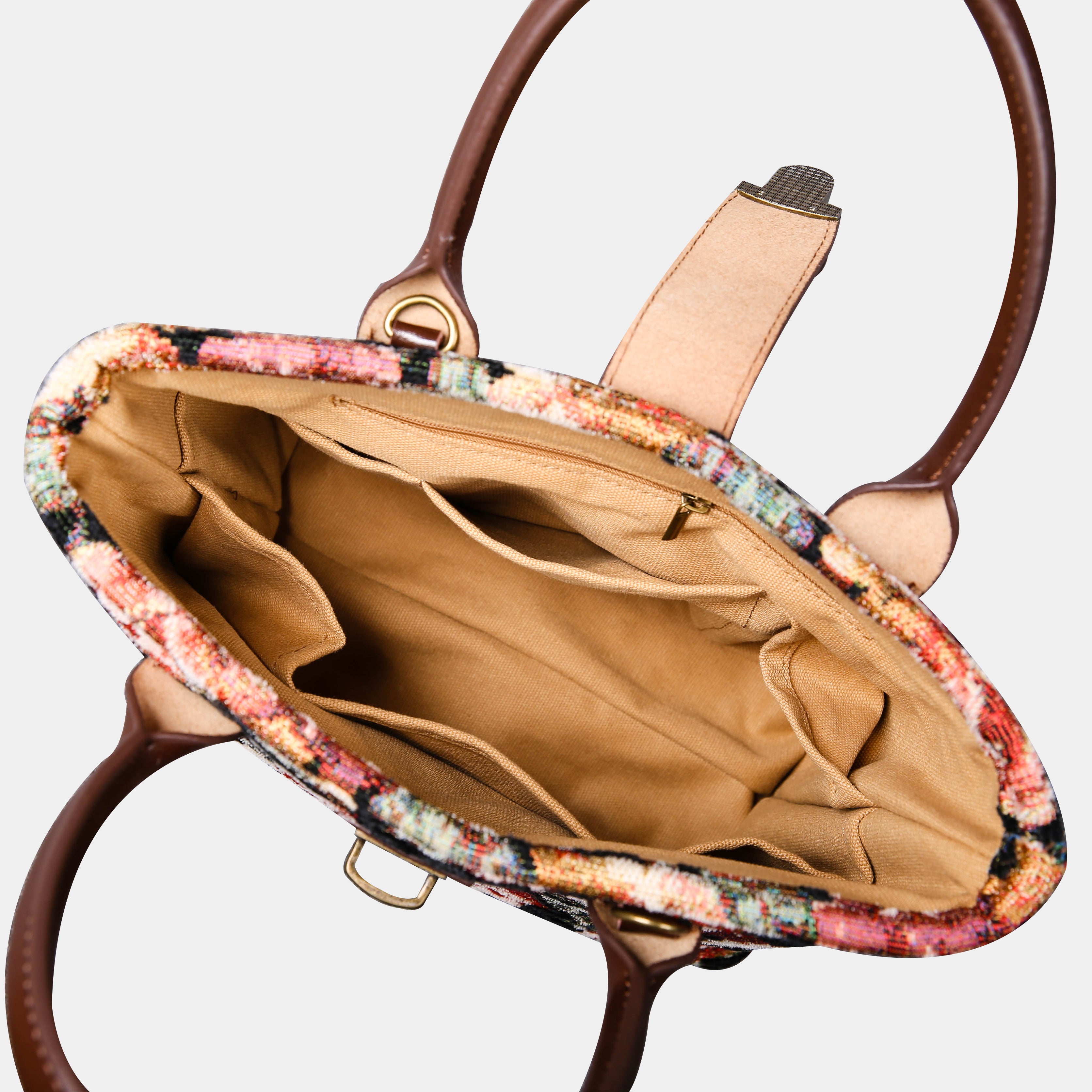 Floral Rose Tuck Lock Carpet Satchel carpet bag MCW Handmade of America inside
