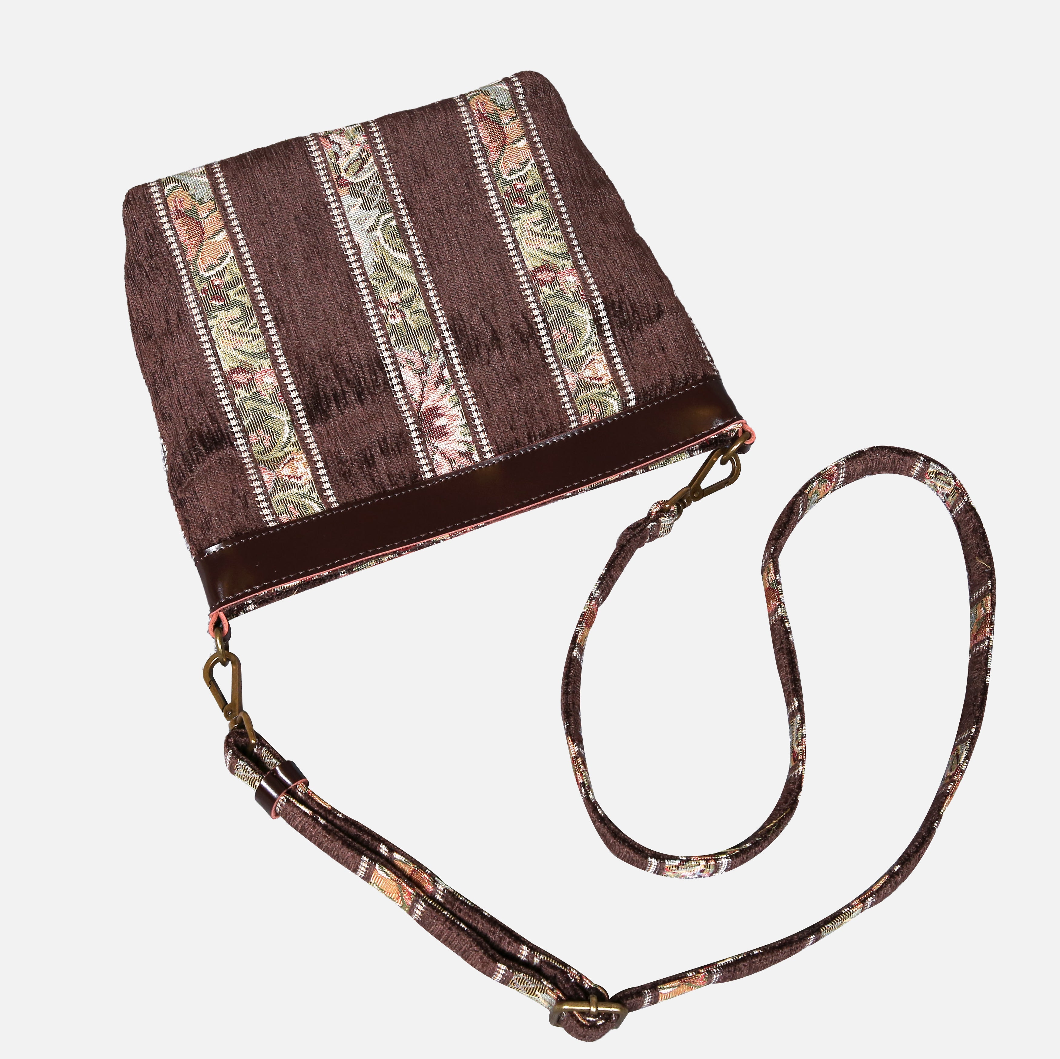Floral Strips Coffee Carpet Crossbody Bag carpet bag MCW Handmade of America lay flat