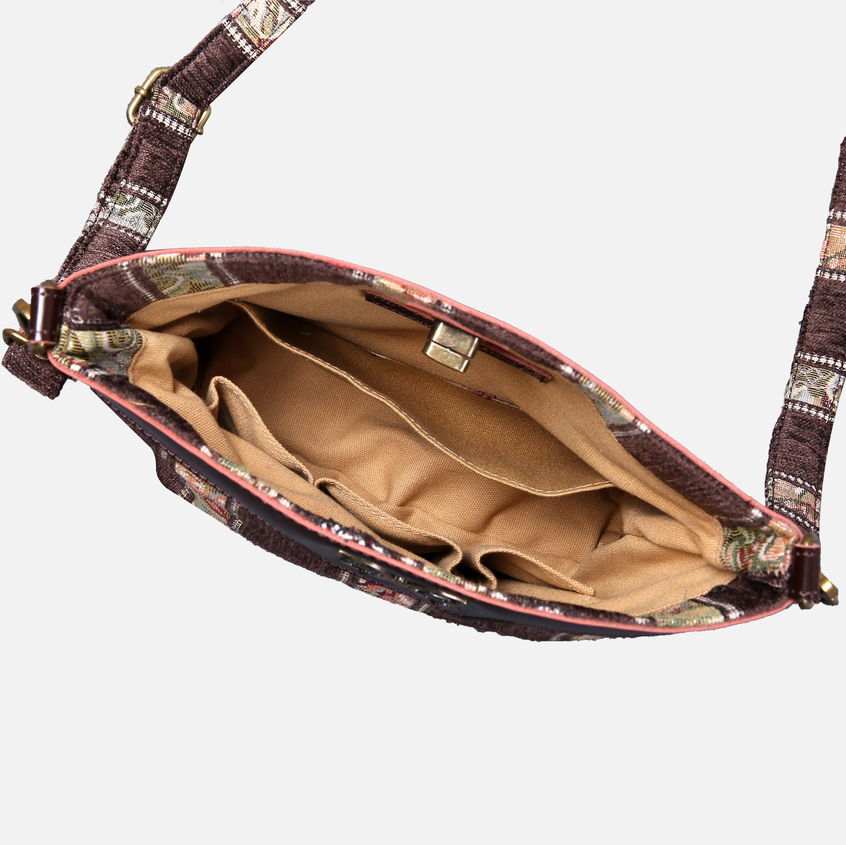 Floral Strips Coffee Carpet Crossbody Bag carpet bag MCW Handmade of America inside