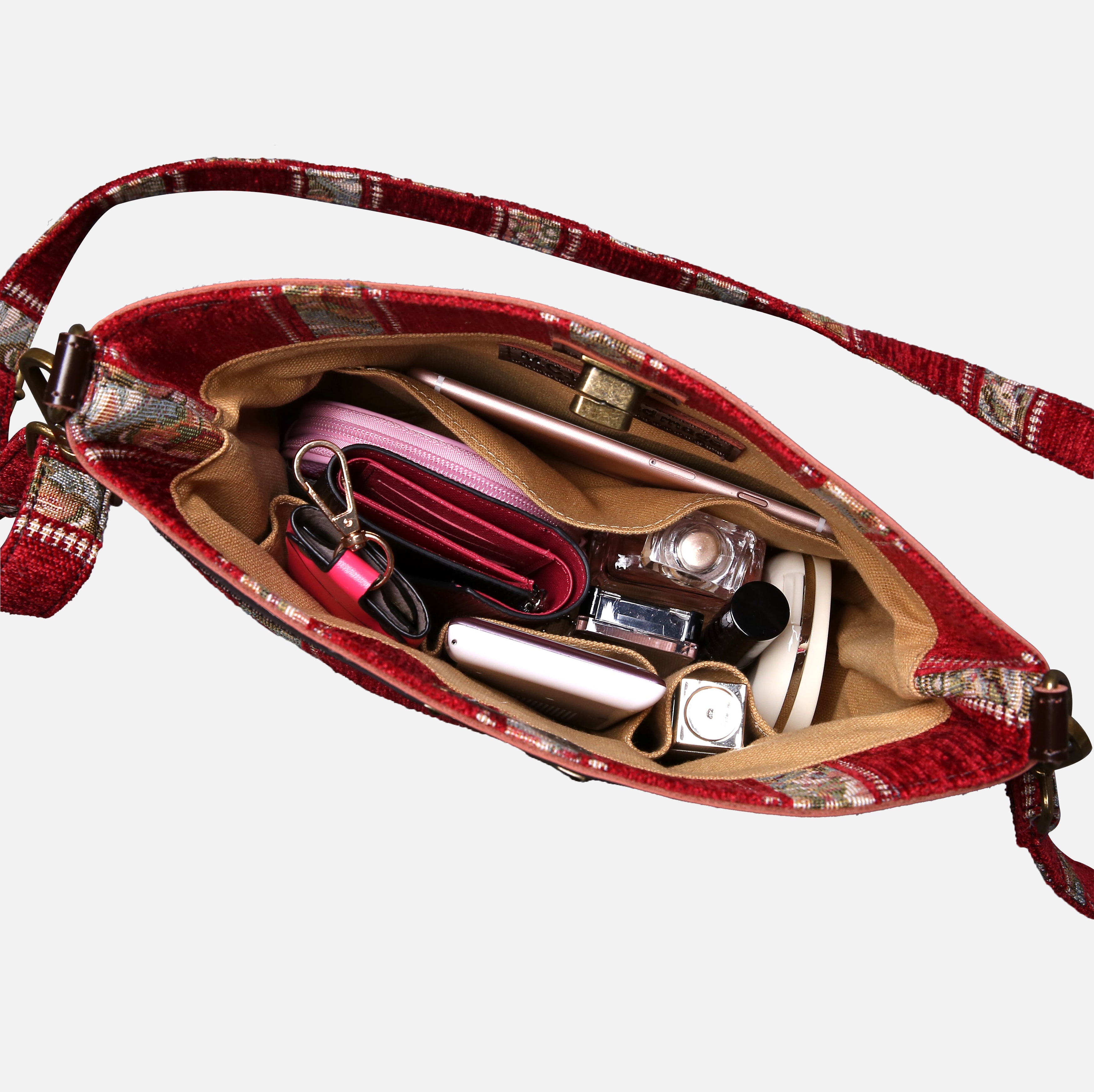 Floral Strips Red Carpet Crossbody Bag carpet bag MCW Handmade of America in use