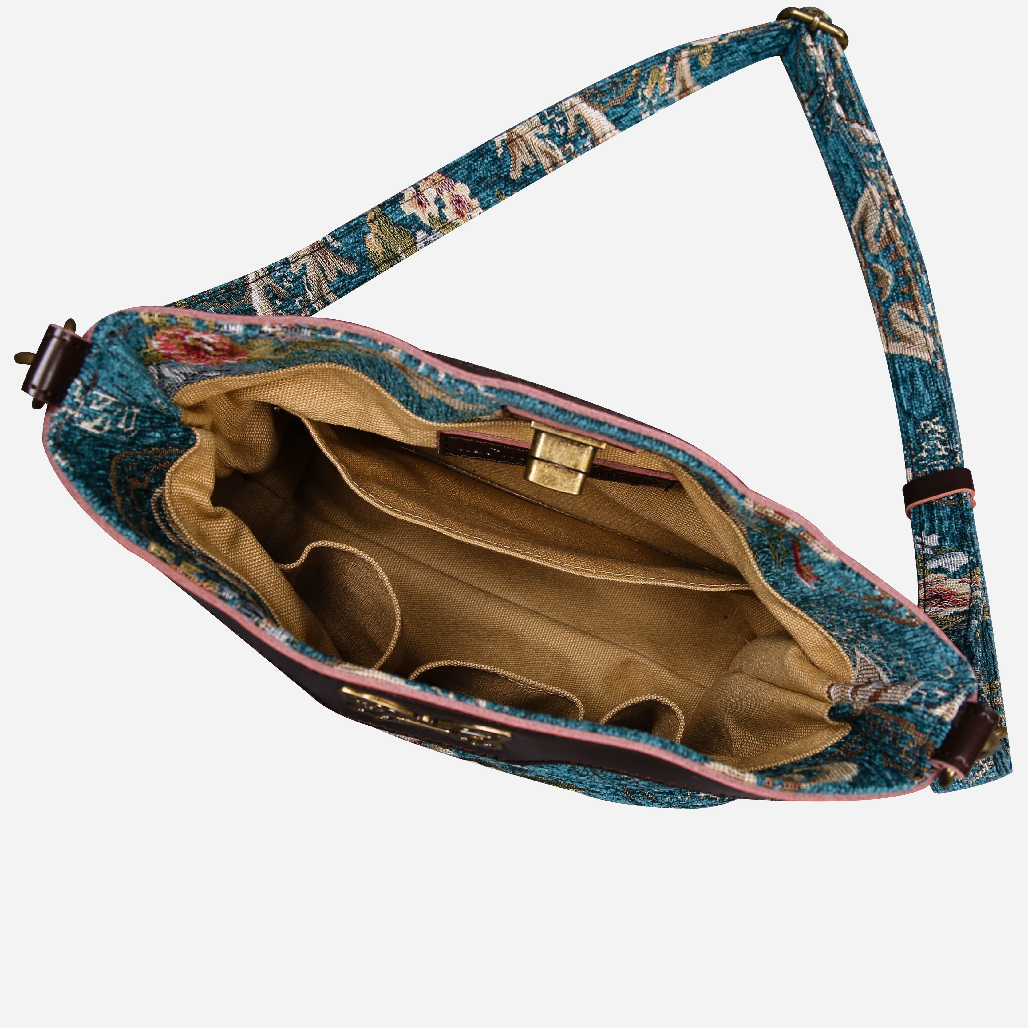 Floral Teal Butterfly Crossbody Bag Carpetbag of America inside