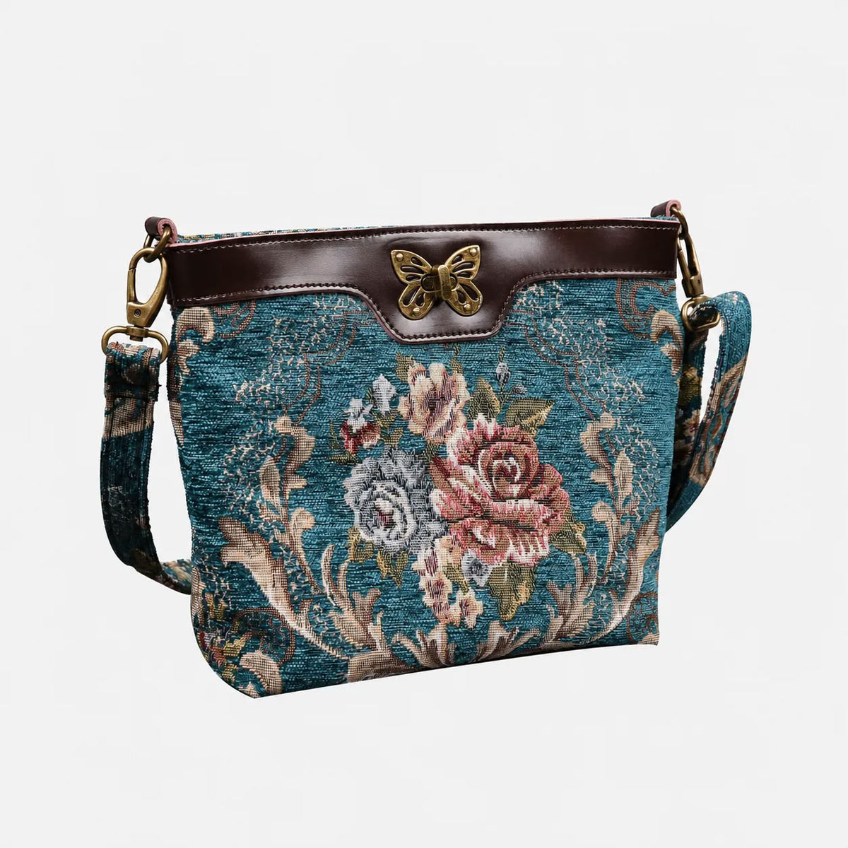 Floral Teal Butterfly Crossbody Bag Carpetbag of America front