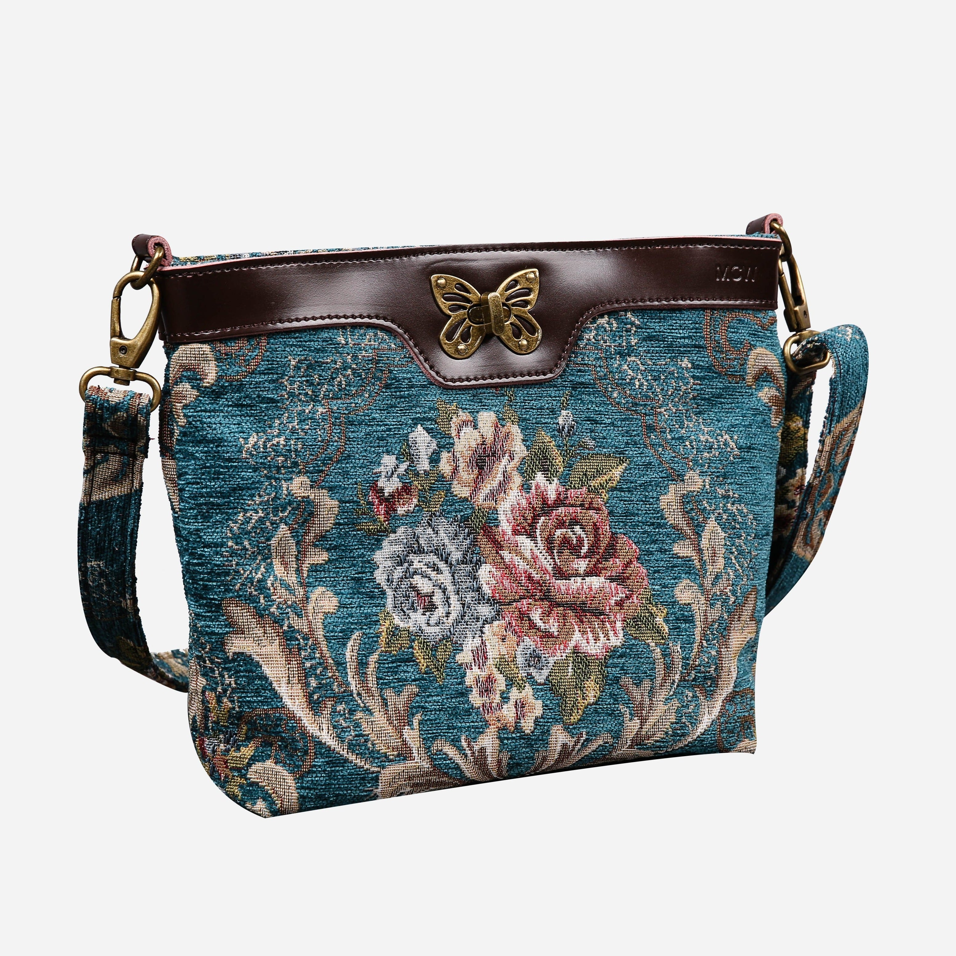 Floral Teal Butterfly Crossbody Bag Carpetbag of America front