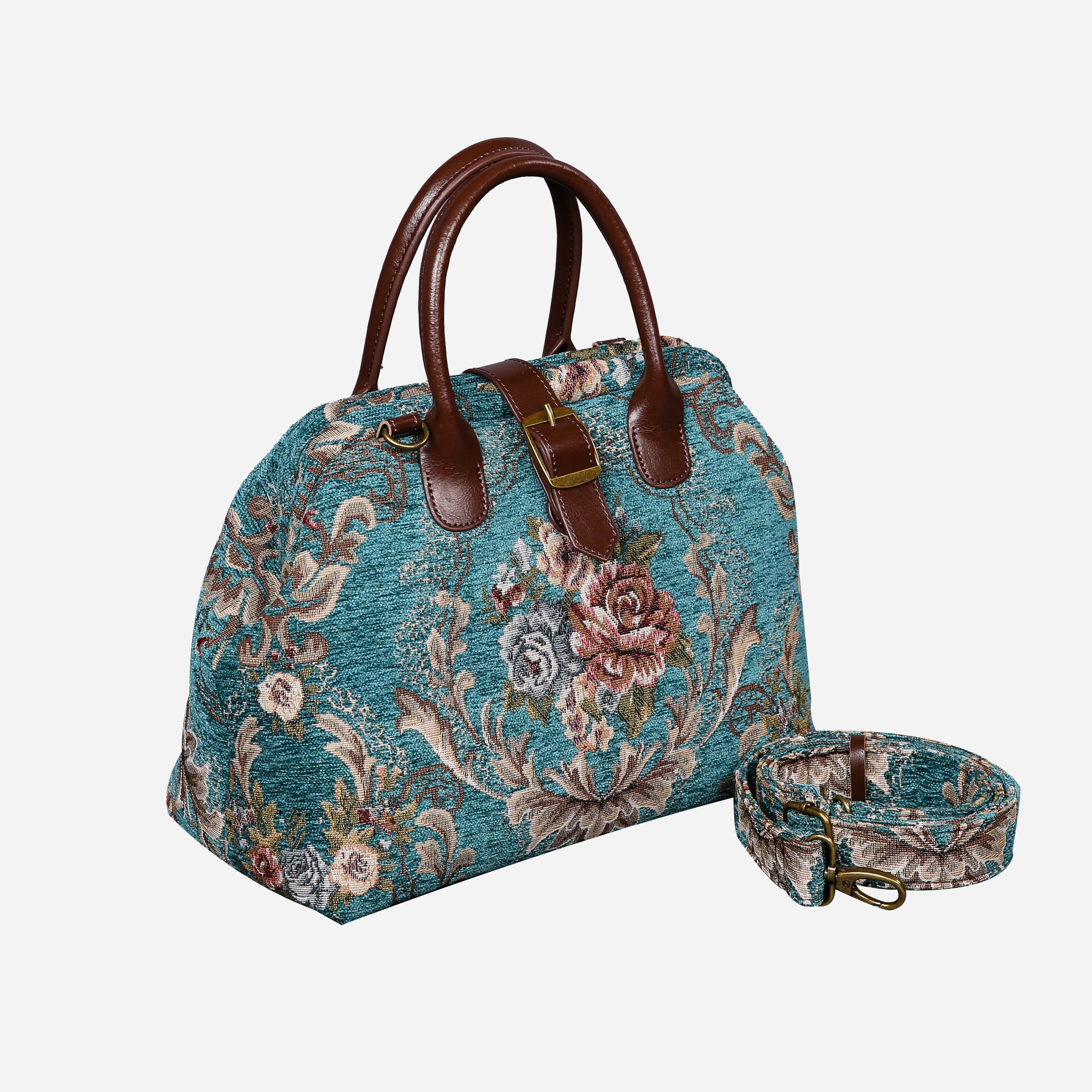 Floral Teal Carpet Handbag Purse carpet bag MCW Handmade of America with shoulder strap