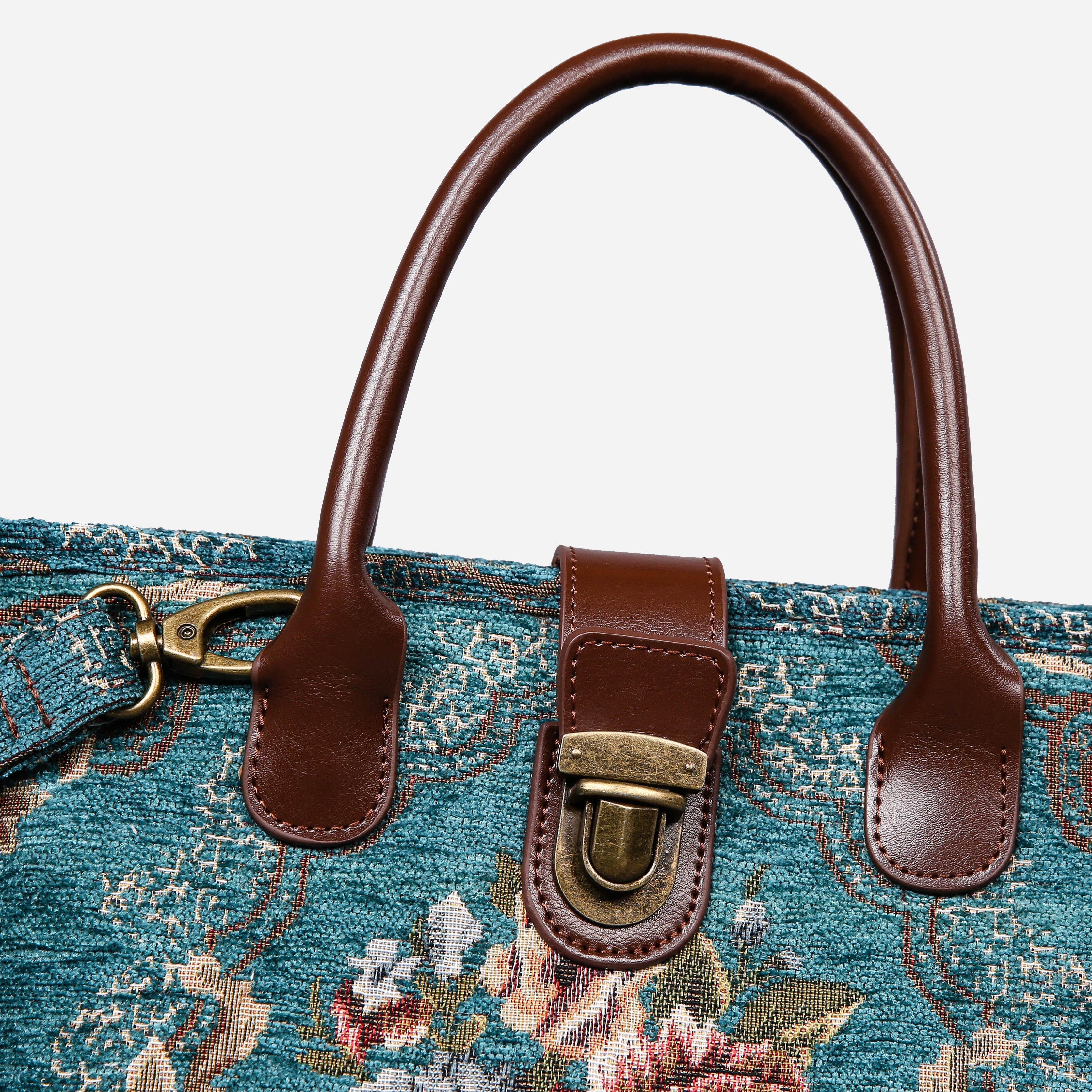 Floral Teal Tuck Lock Carpet Satchel carpet bag MCW Handmade of America details