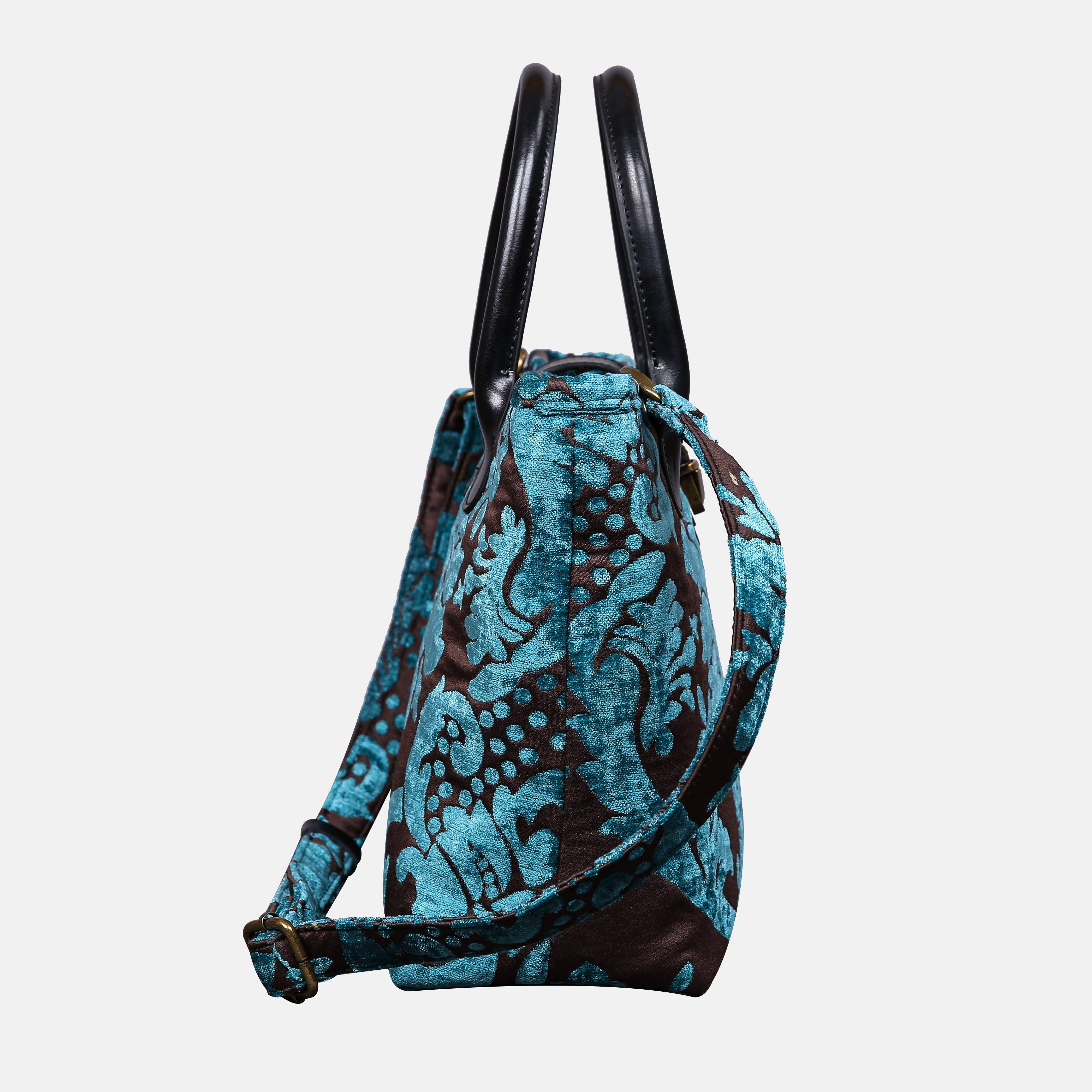 Luxury Damask Blue Tuck Lock Carpet Satchel carpet bag MCW Handmade of America side