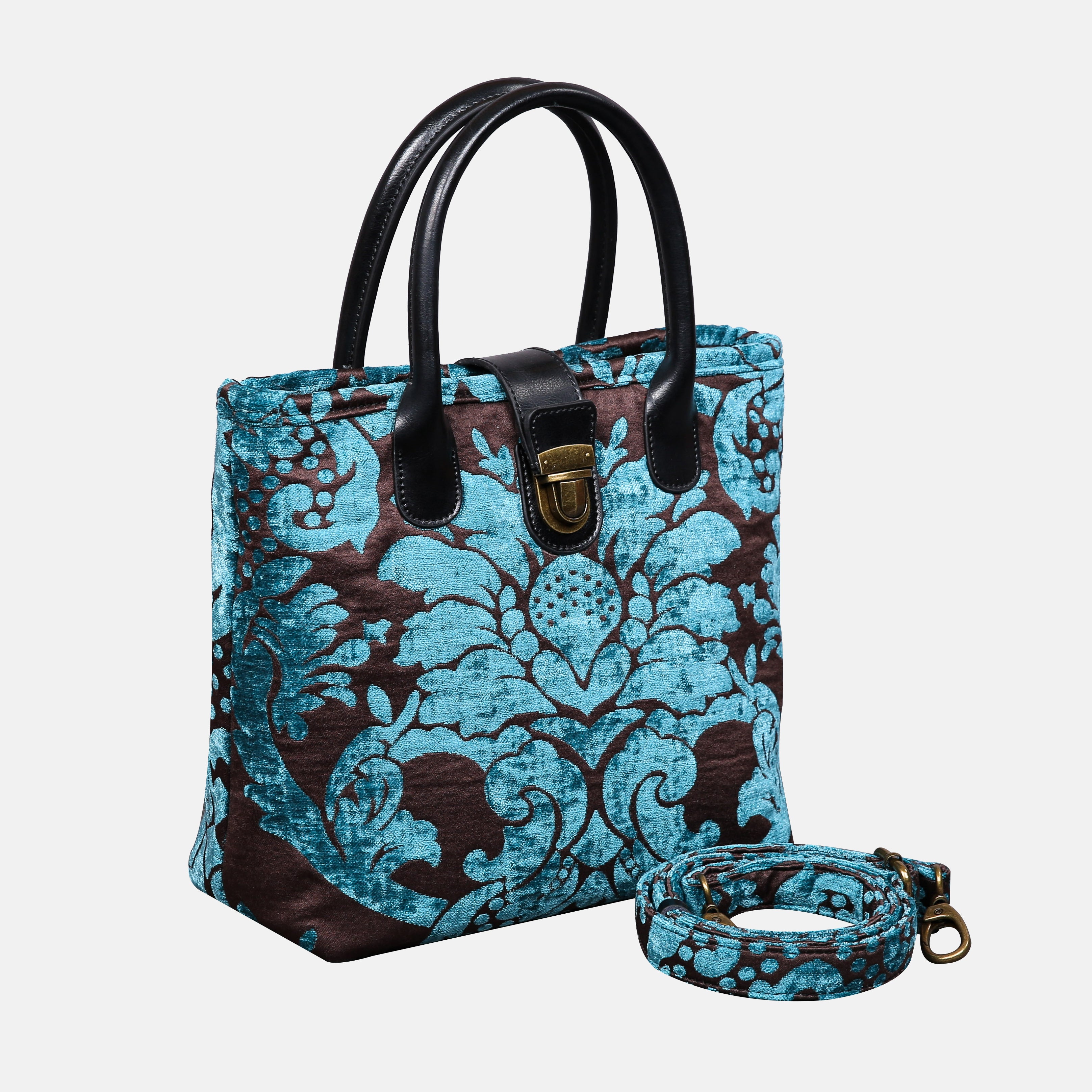 Luxury Damask Blue Tuck Lock Carpet Satchel carpet bag MCW Handmade of America with strap