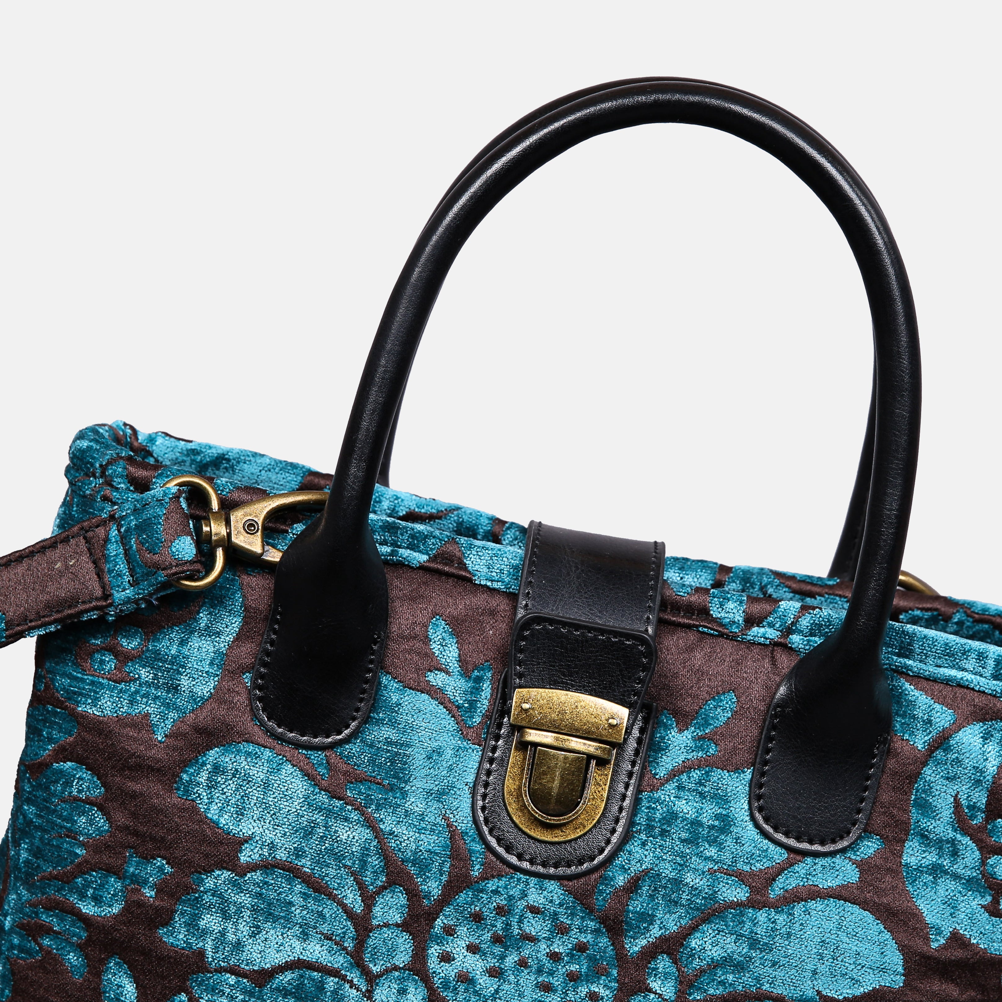Luxury Damask Blue Tuck Lock Carpet Satchel carpet bag MCW Handmade of America details