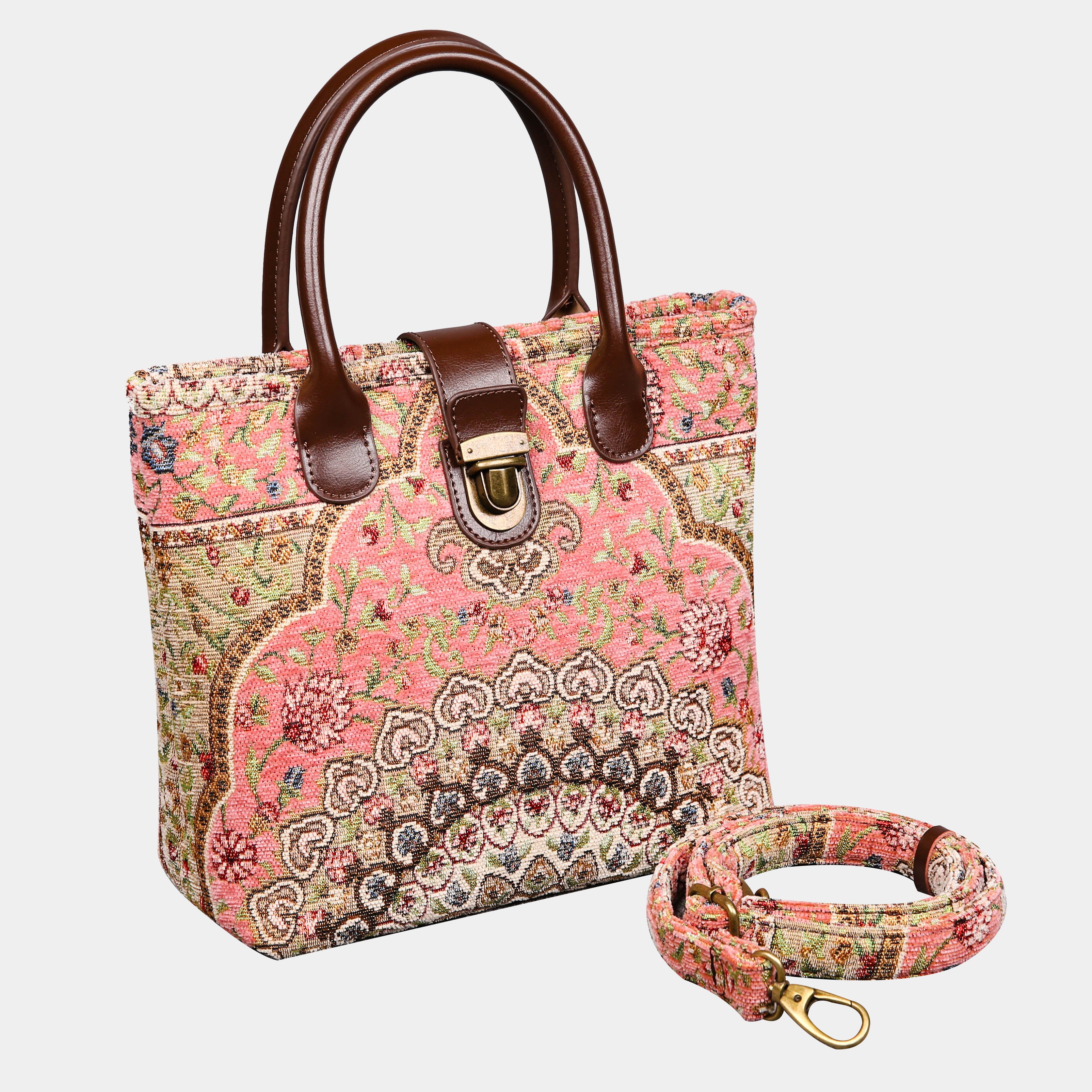 Oriental Pink Tuck Lock Carpet Satchel carpet bag MCW Handmade with strap