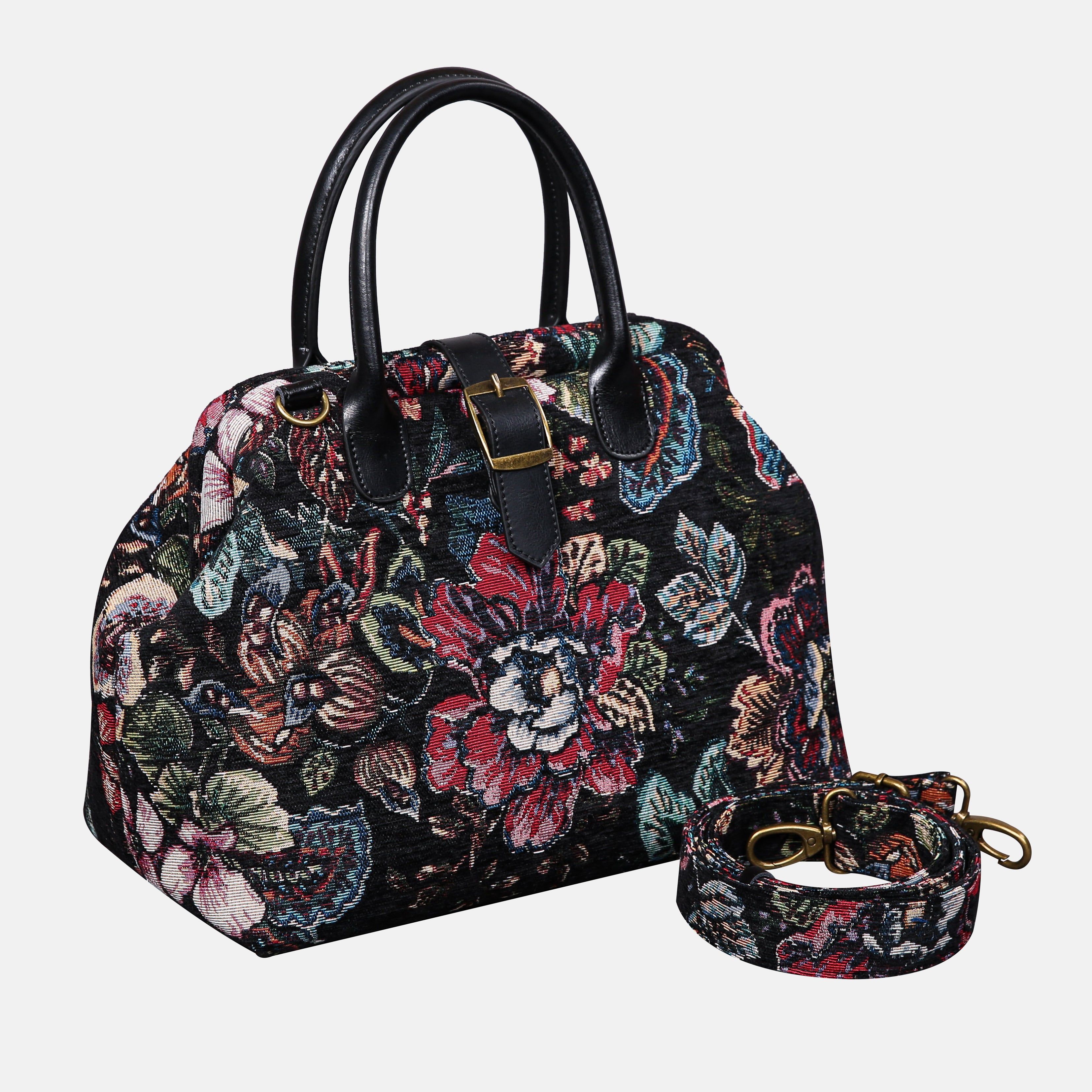 Rose Garden Black Carpet Handbag Purse carpet bag MCW Handmade of America with shoulder strap