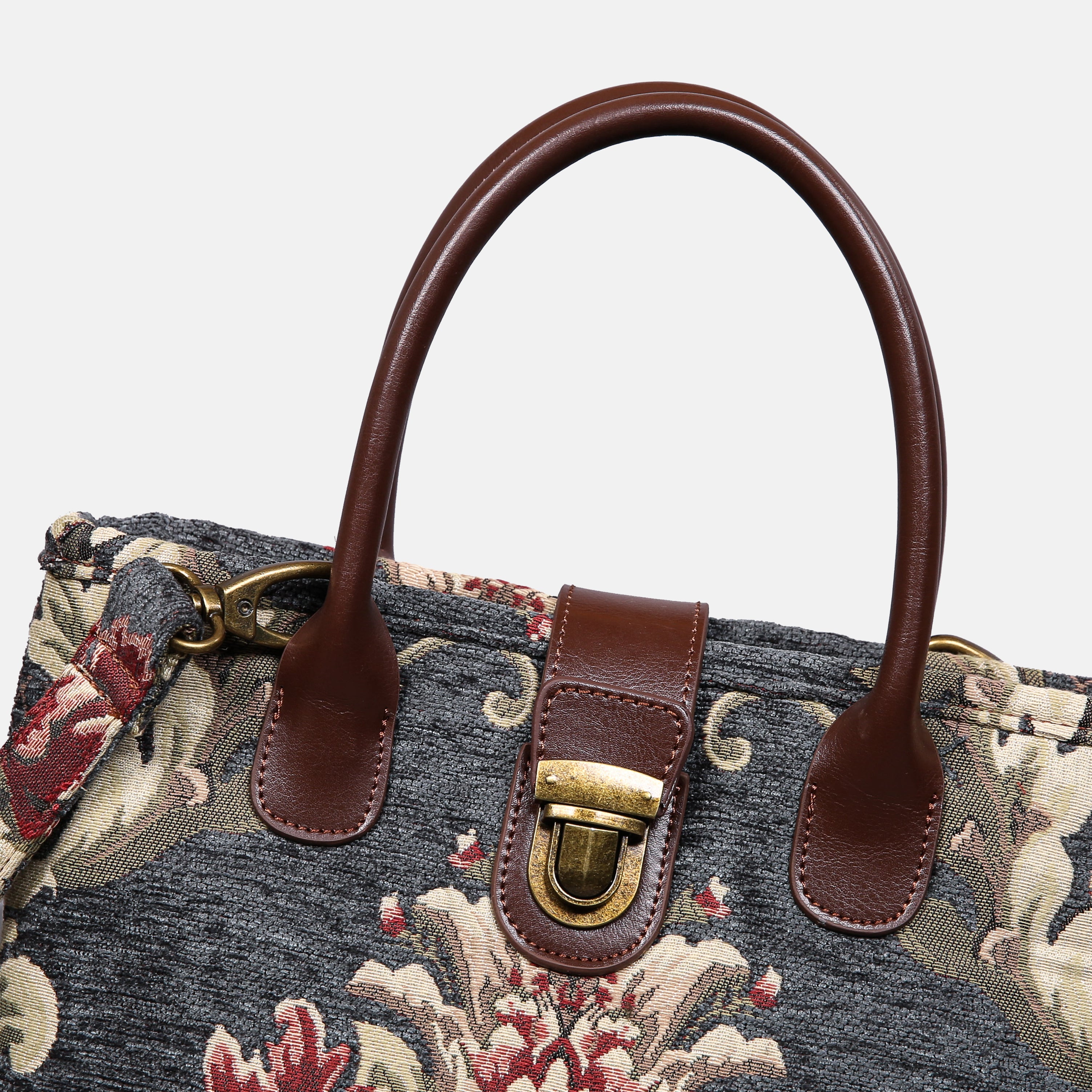 Baroque Floral Green Gray Tuck Lock Carpet Satchel carpet bag MCW Handmade-3