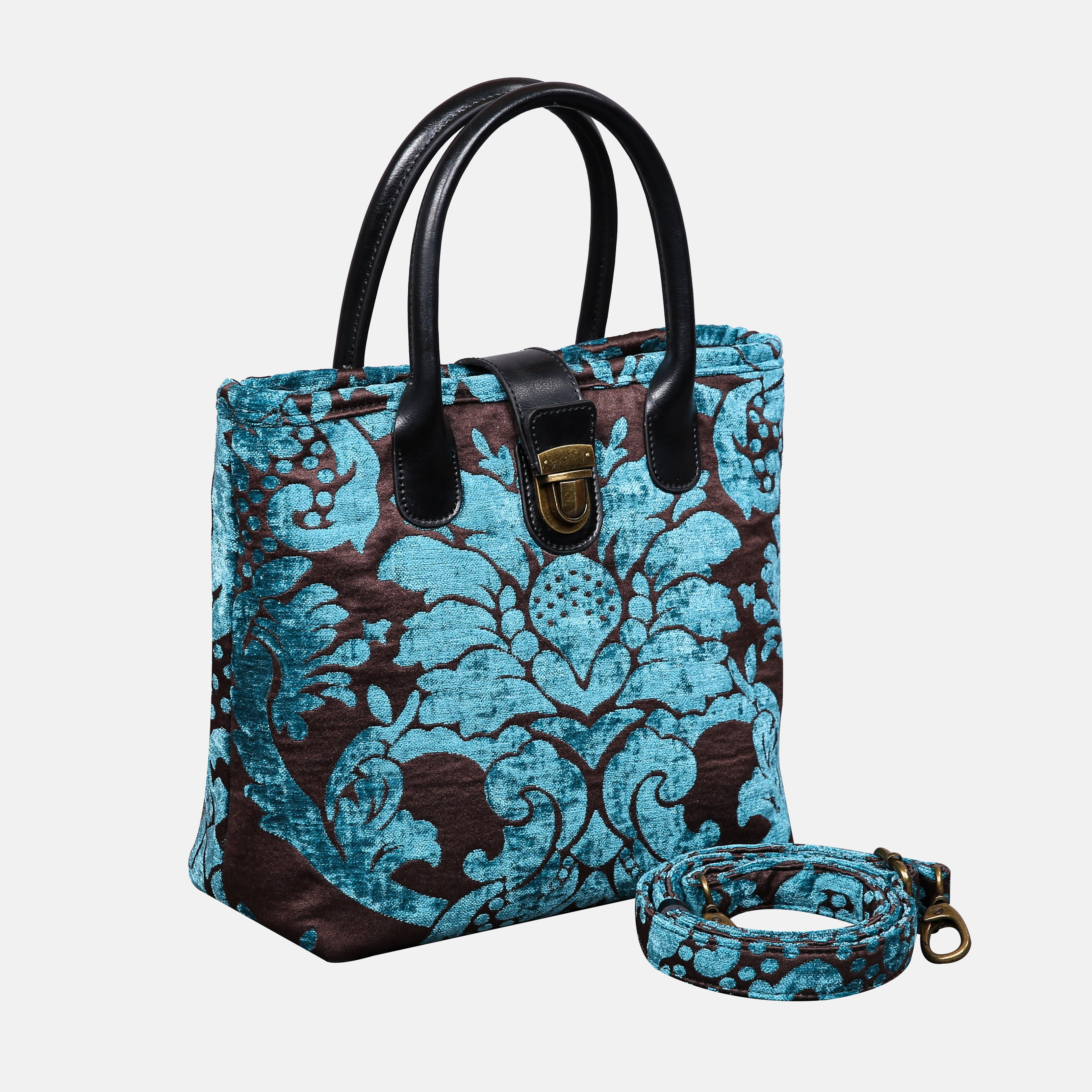 Luxury Damask Blue Tuck Lock Carpet Satchel carpet bag MCW Handmade-1