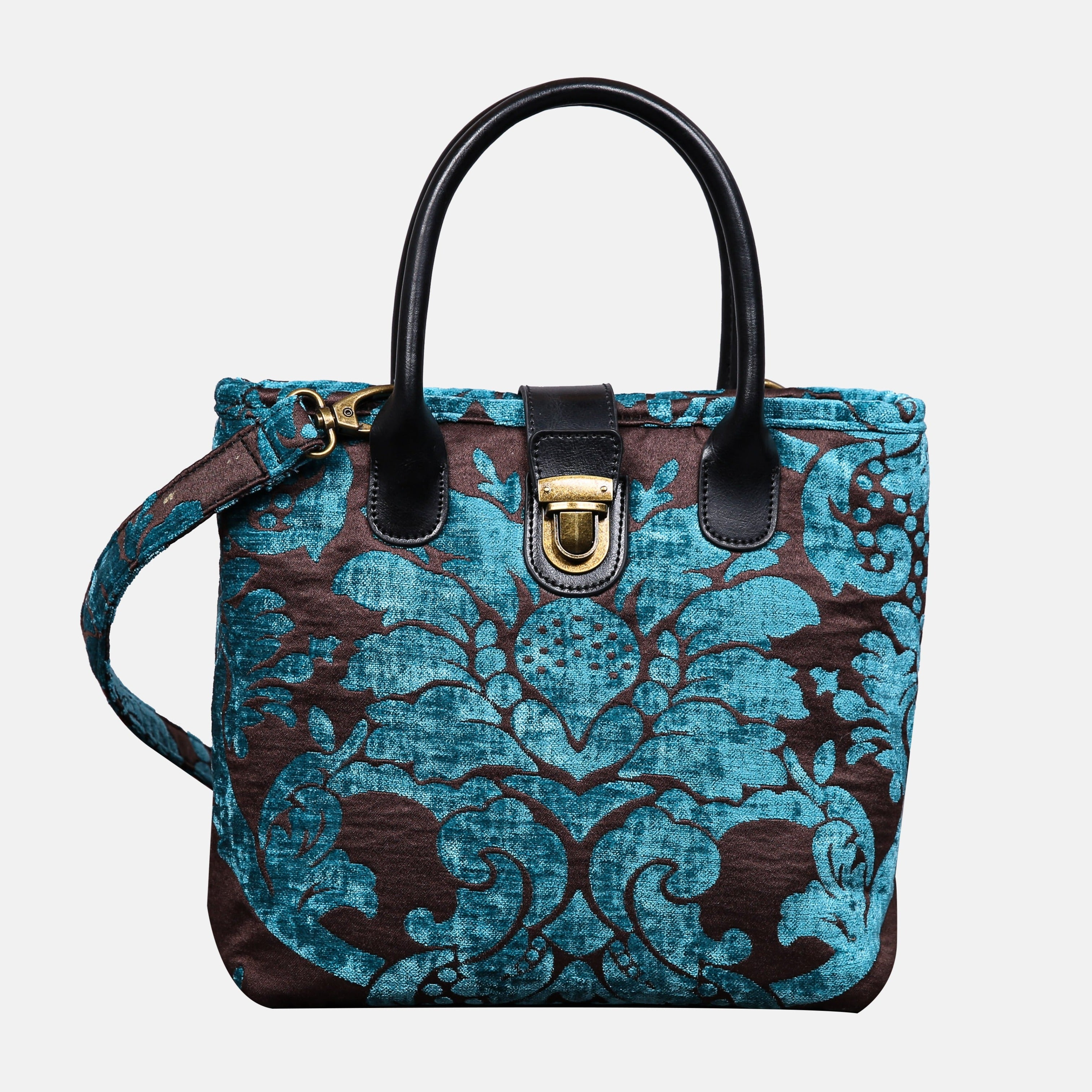 Luxury Damask Blue Tuck Lock Carpet Satchel carpet bag MCW Handmade