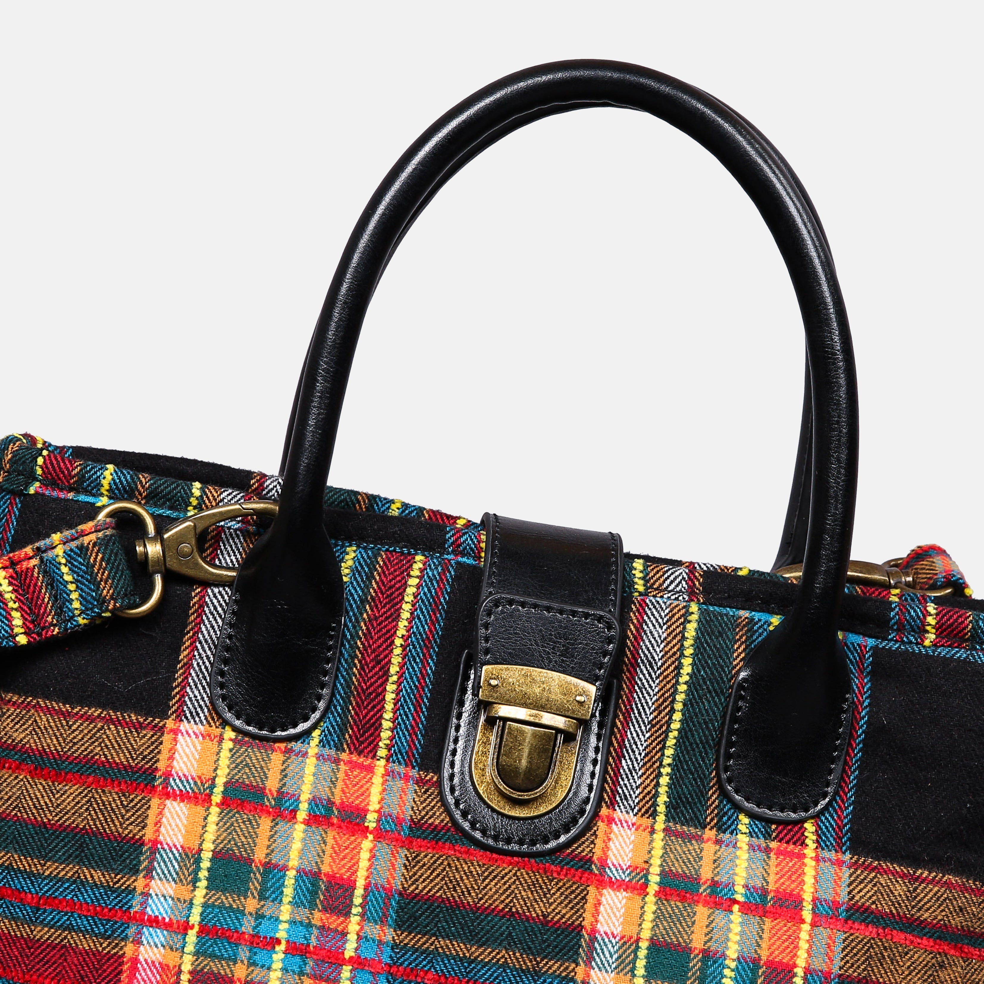 Tartan Stewart Black Tuck Lock Carpet Satchel carpet bag MCW Handmade of America details