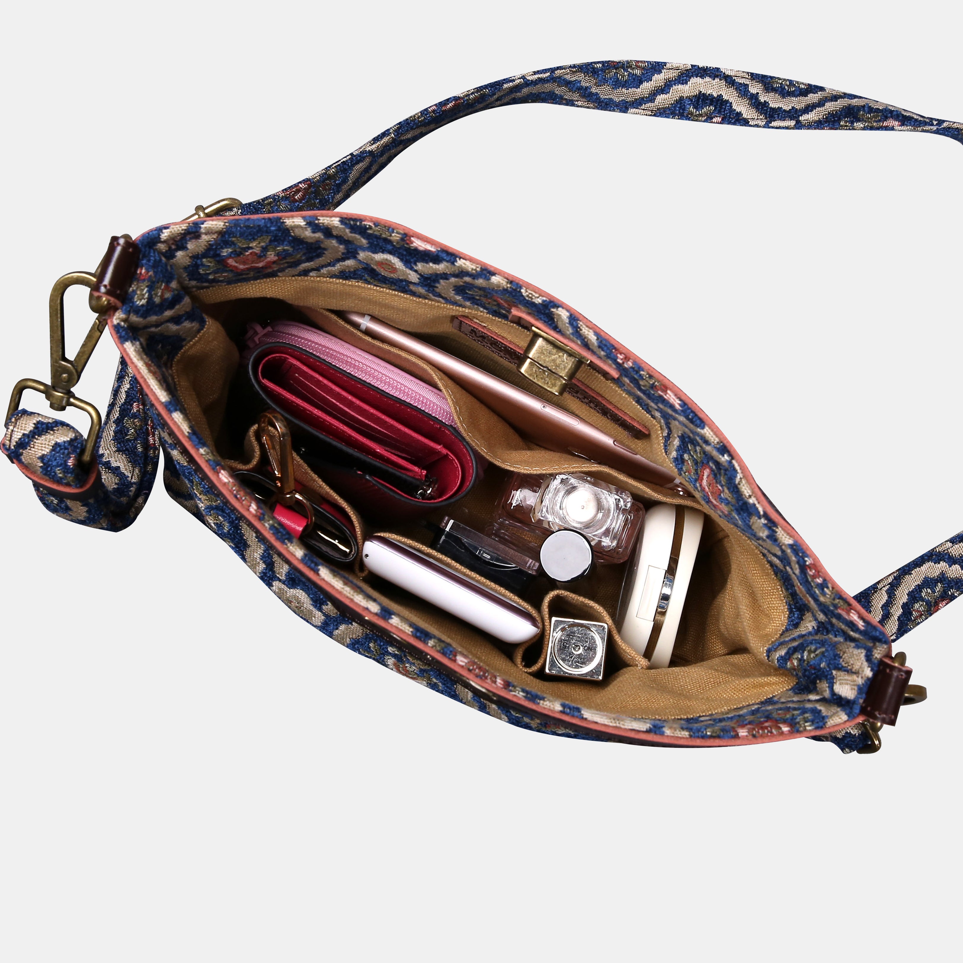 Traditional Blue Carpet Crossbody Bag carpet bag MCW Handmade of America in use