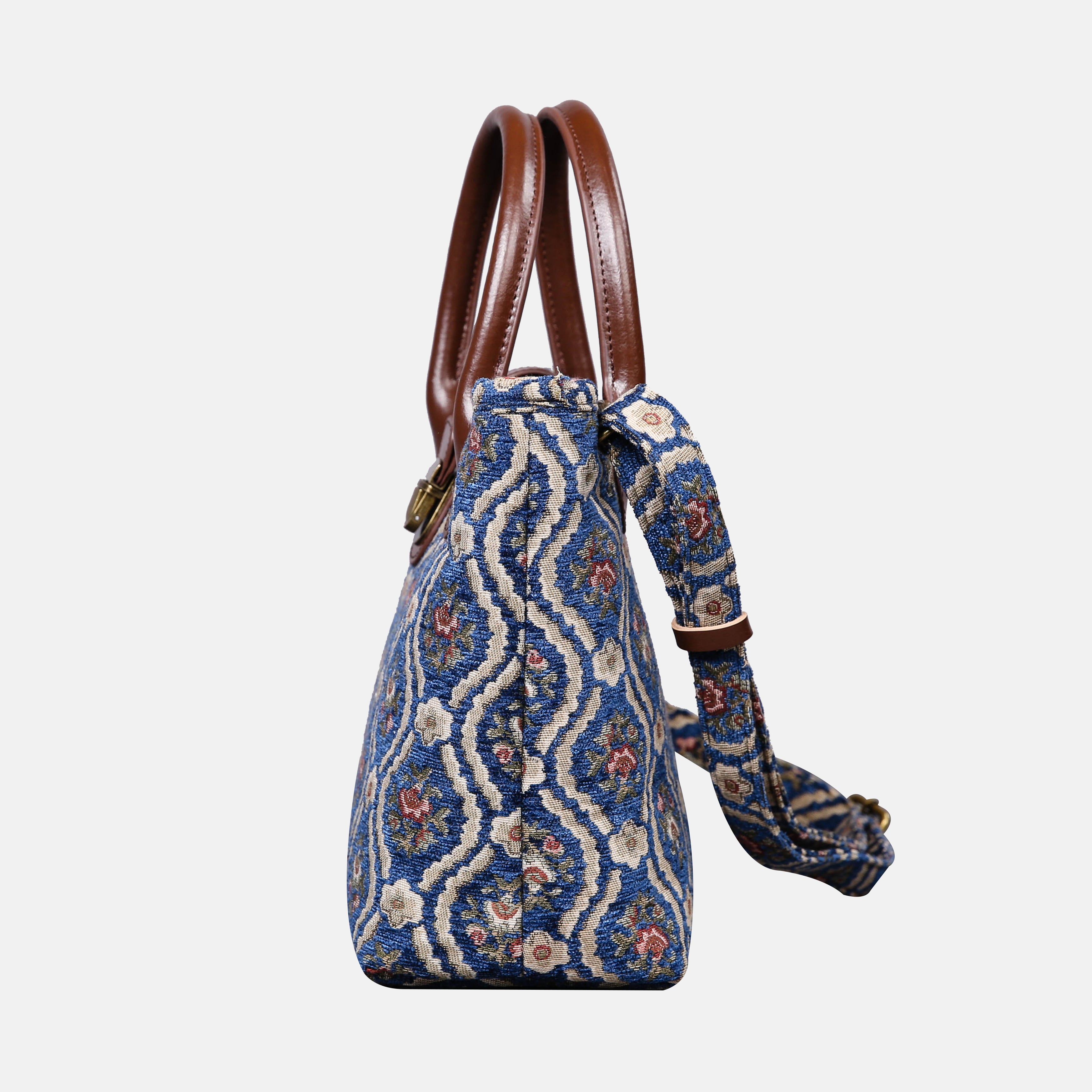 Traditional Blue Tuck Lock Carpet Satchel carpet bag MCW Handmade of America side