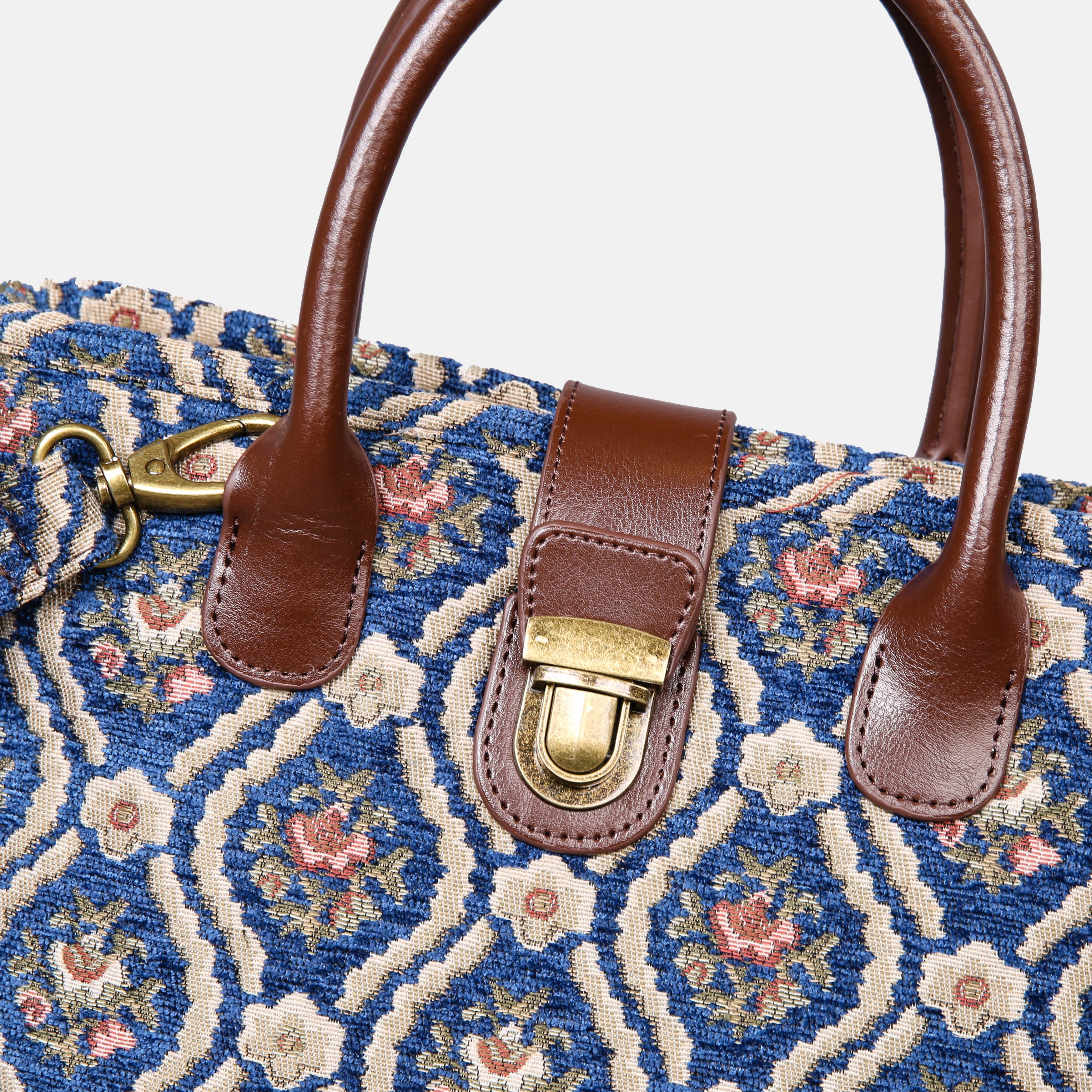 Traditional Blue Tuck Lock Carpet Satchel carpet bag MCW Handmade of America closure