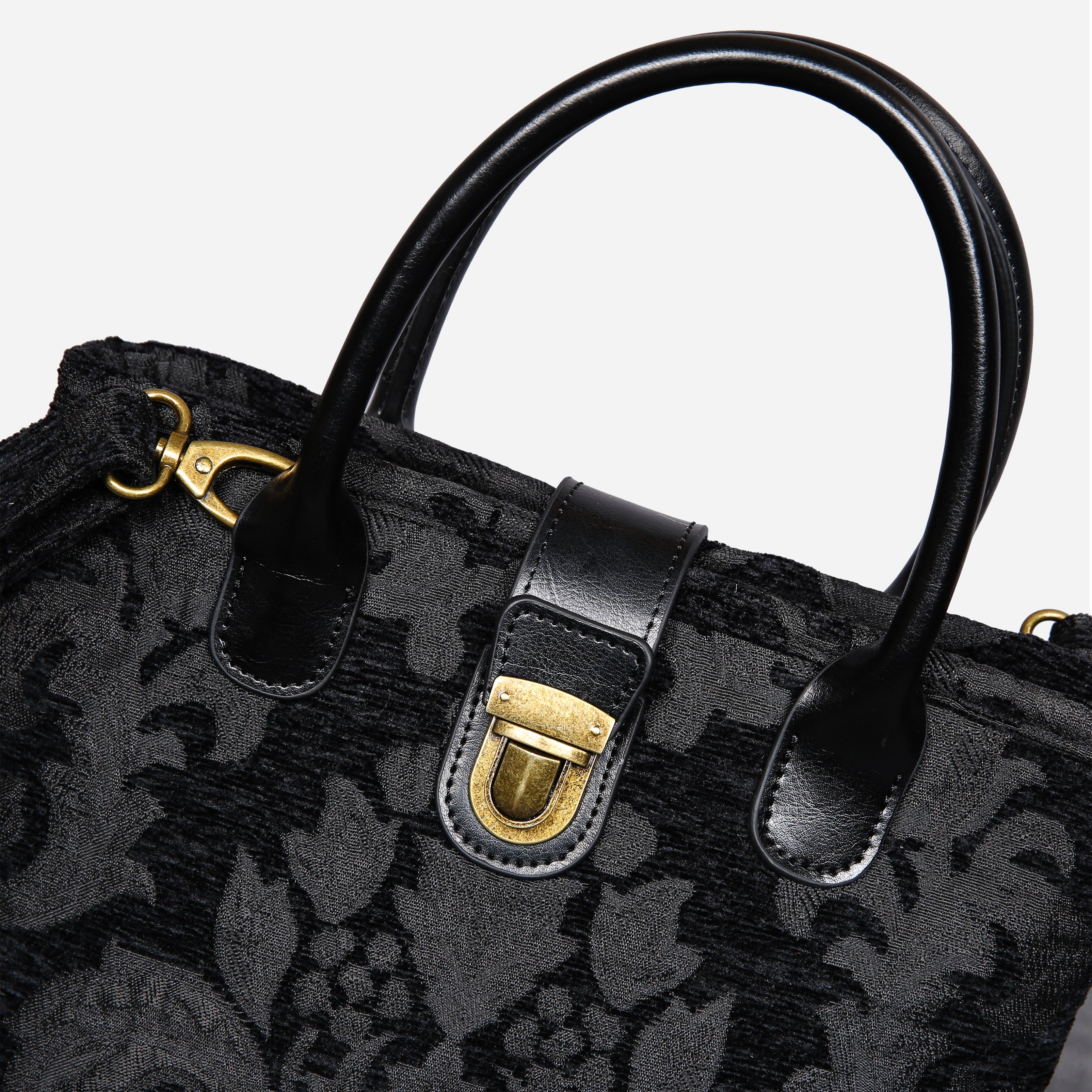 Victorian Blossom Black/Black Tuck Lock Carpet Satchel carpet bag MCW Handmade of America details