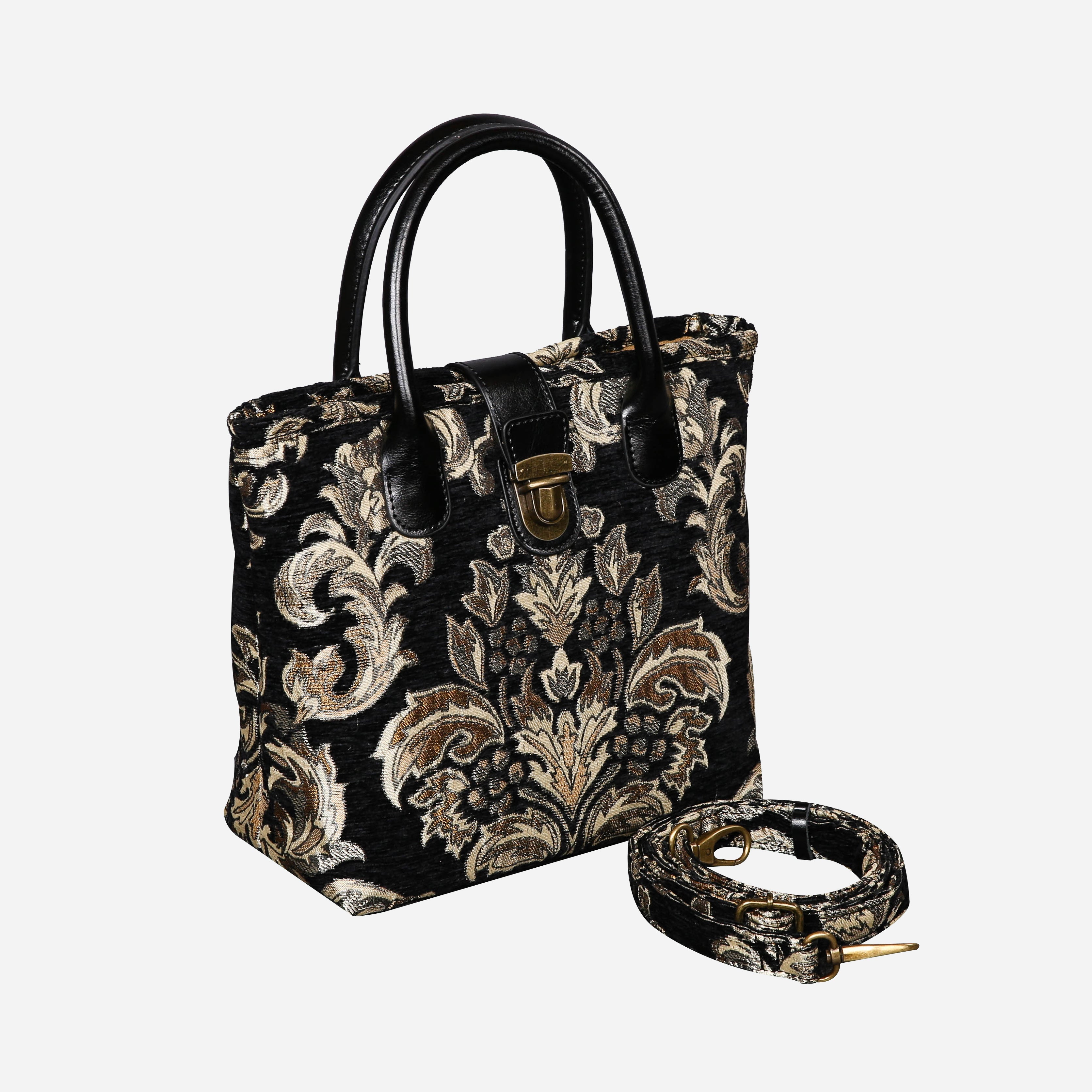 Victorian Blossom BLK-GOLD Tuck Lock Carpet Satchel carpet bag MCW Handmade of America with strap