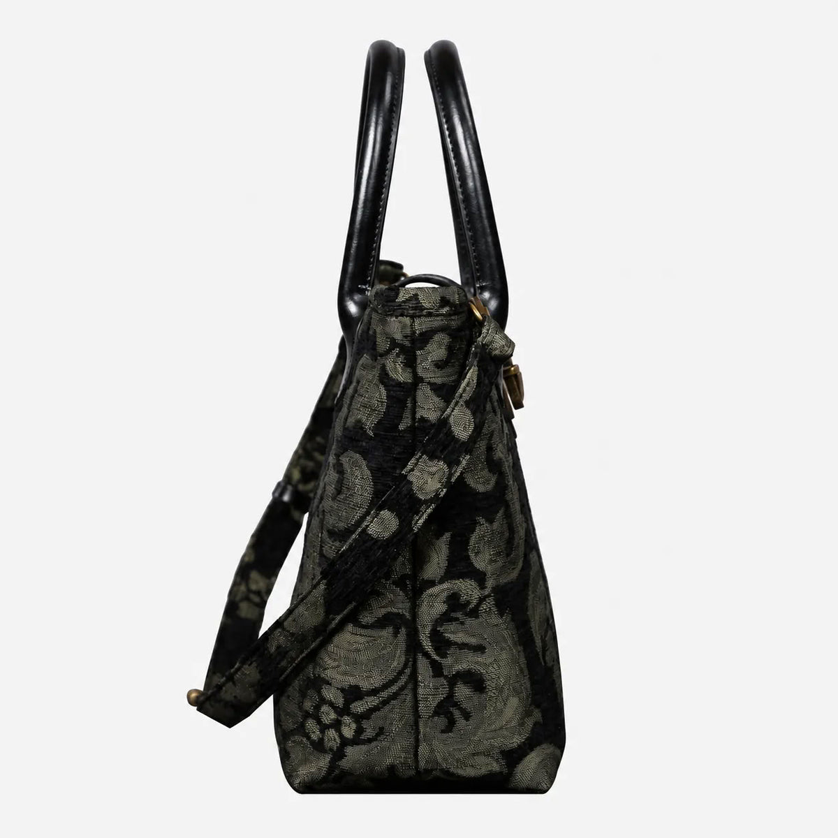 Victorian Blossom Black/Green Tuck Lock Carpet Satchel carpet bag MCW Handmade of America side