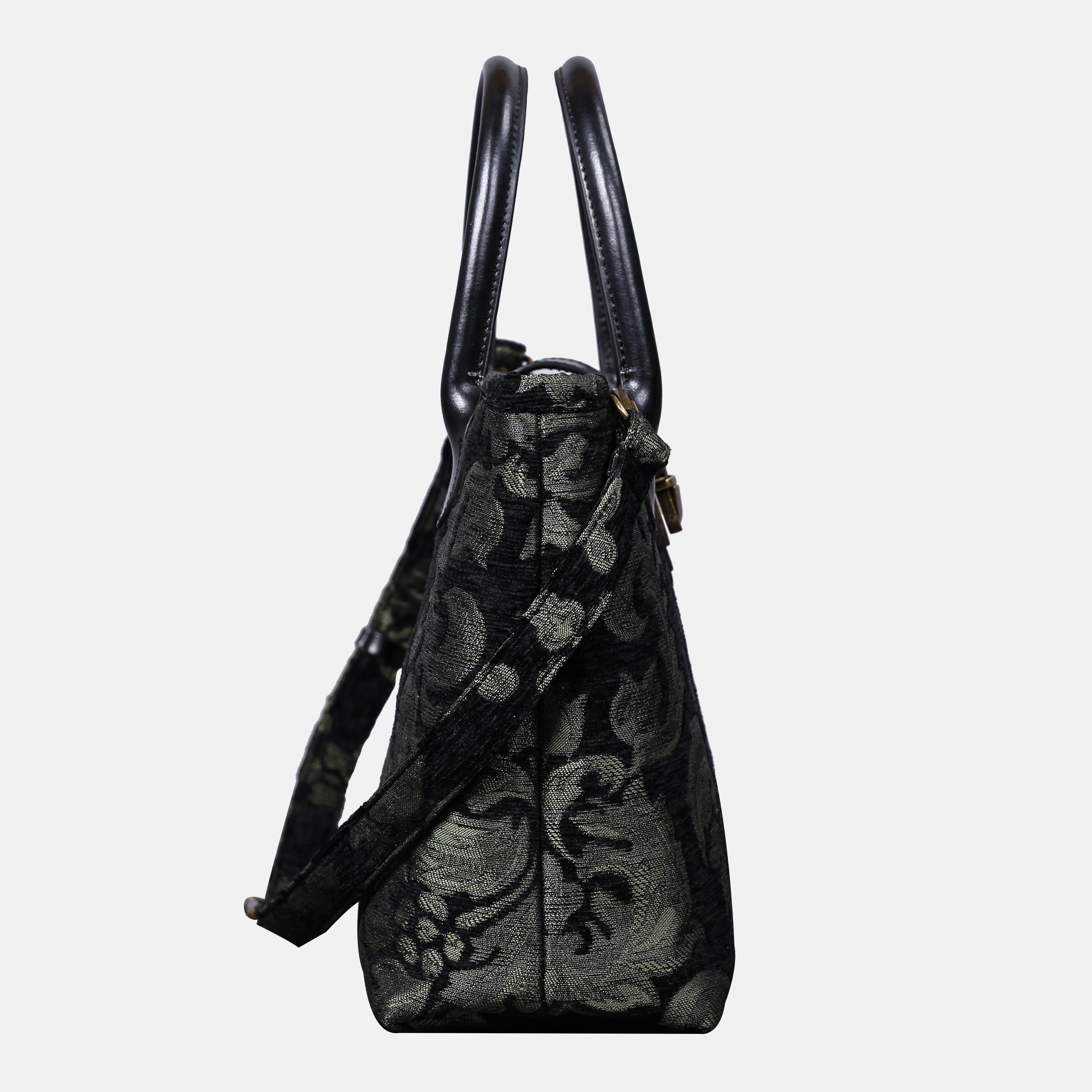 Victorian Blossom Black/Green Tuck Lock Carpet Satchel carpet bag MCW Handmade of America side