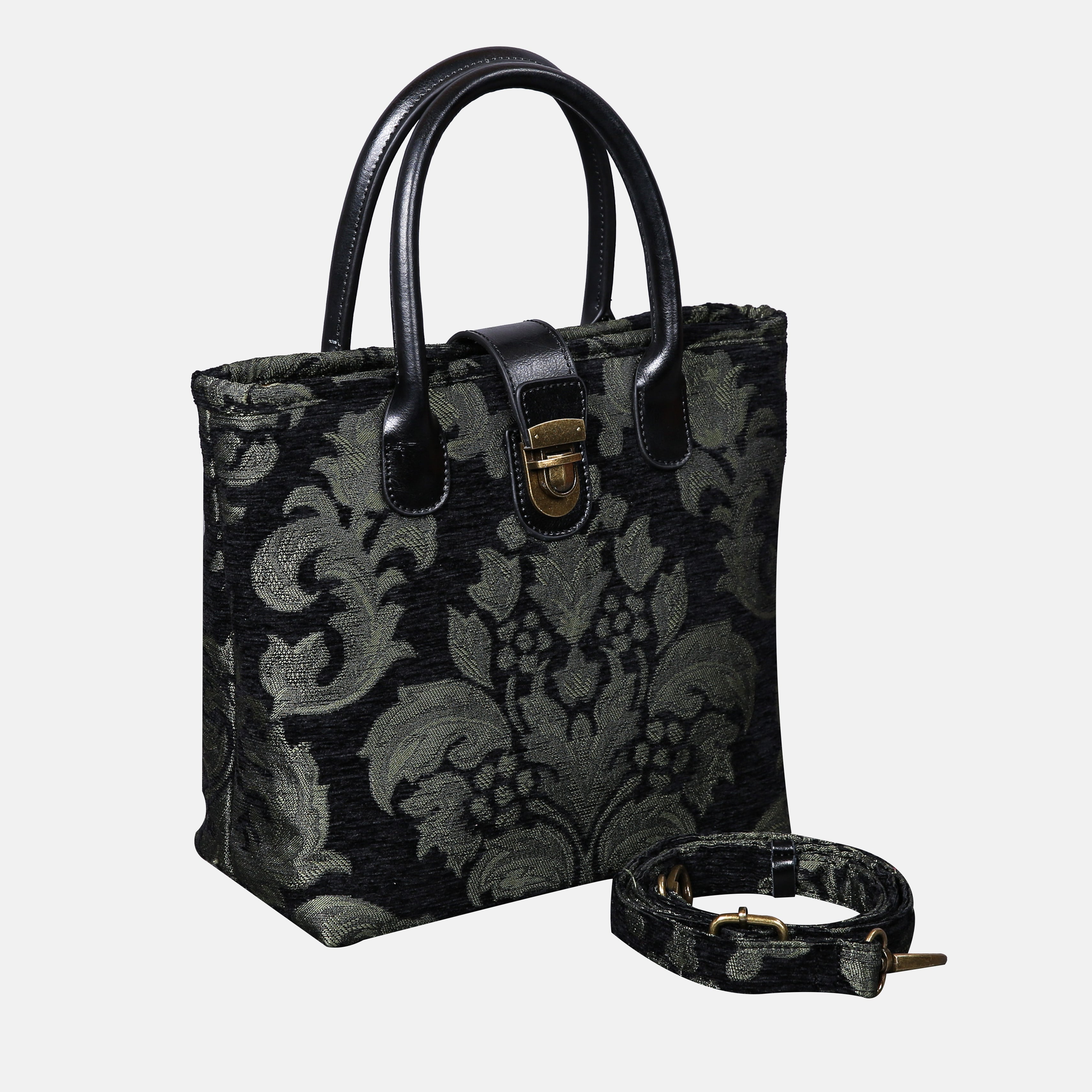 Victorian Blossom Black/Green Tuck Lock Carpet Satchel carpet bag MCW Handmade of America with strap