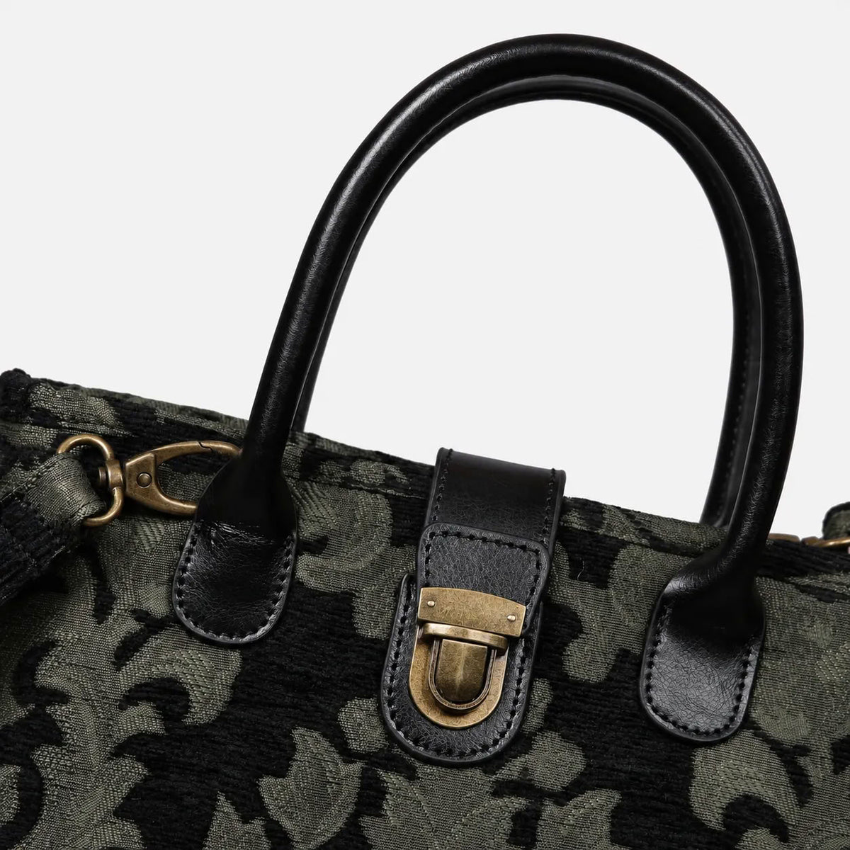 Victorian Blossom Black/Green Tuck Lock Carpet Satchel carpet bag MCW Handmade of America details