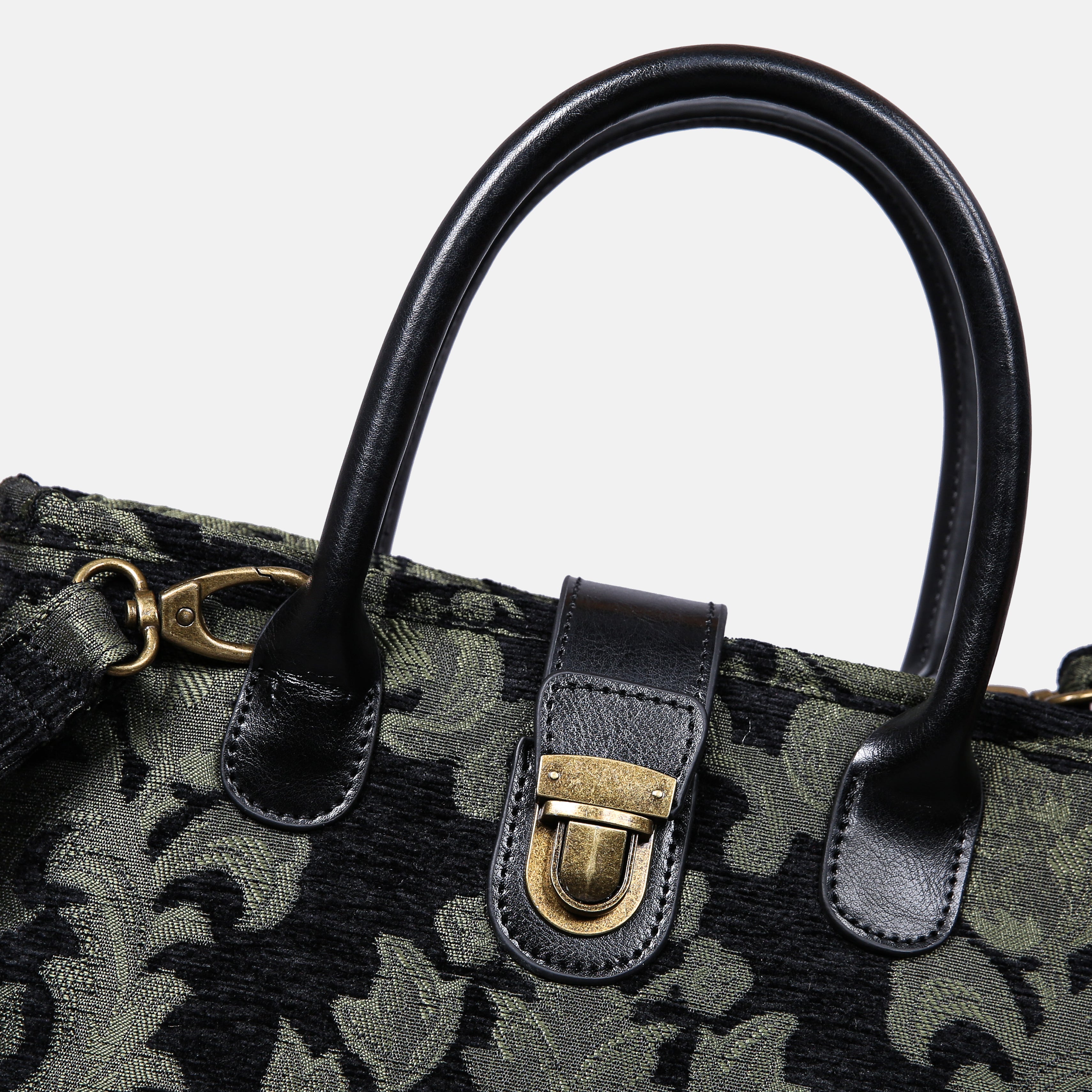 Victorian Blossom Black/Green Tuck Lock Carpet Satchel carpet bag MCW Handmade of America details