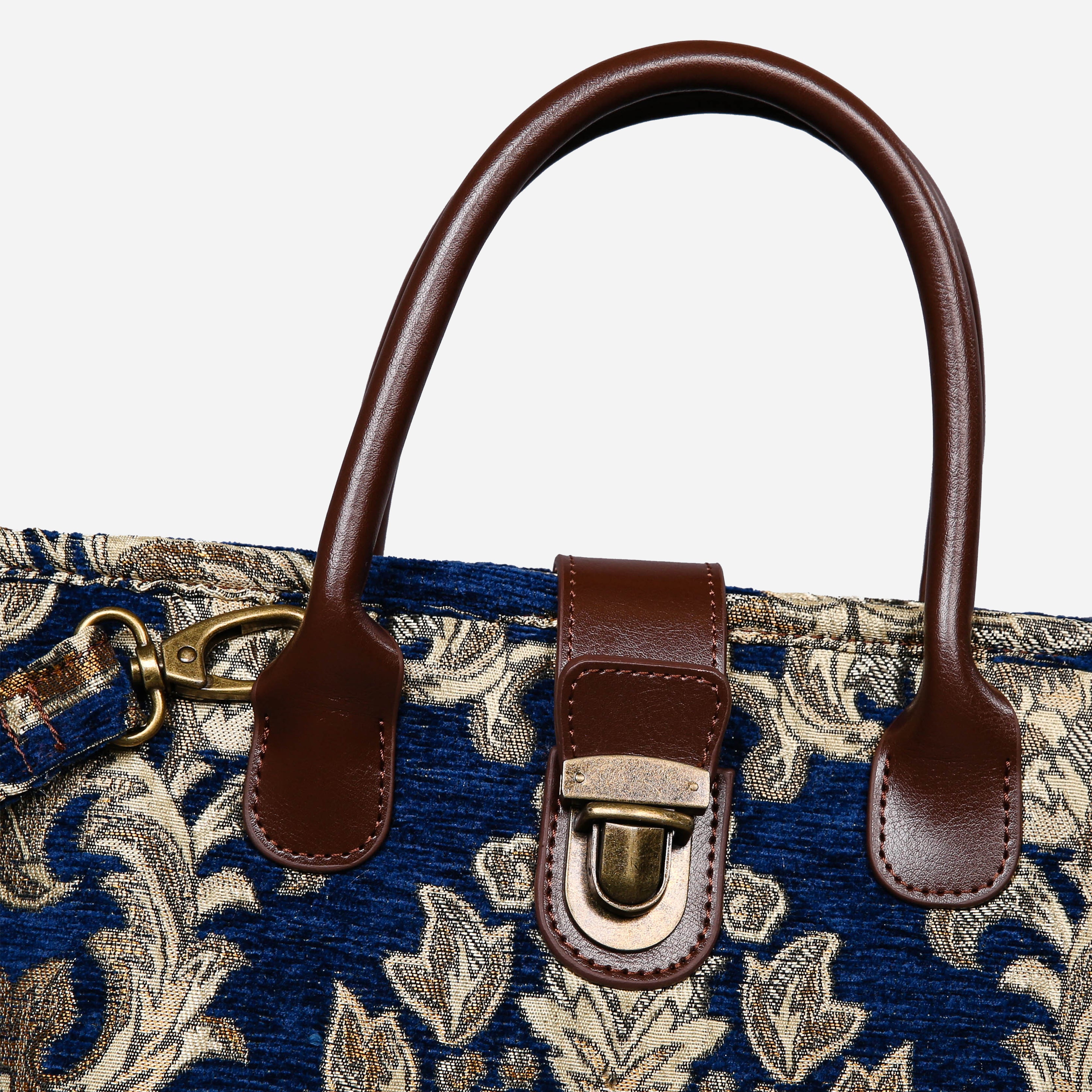Victorian Blossom BLUE-GOLD Tuck Lock Carpet Satchel carpet bag MCW Handmade of America details